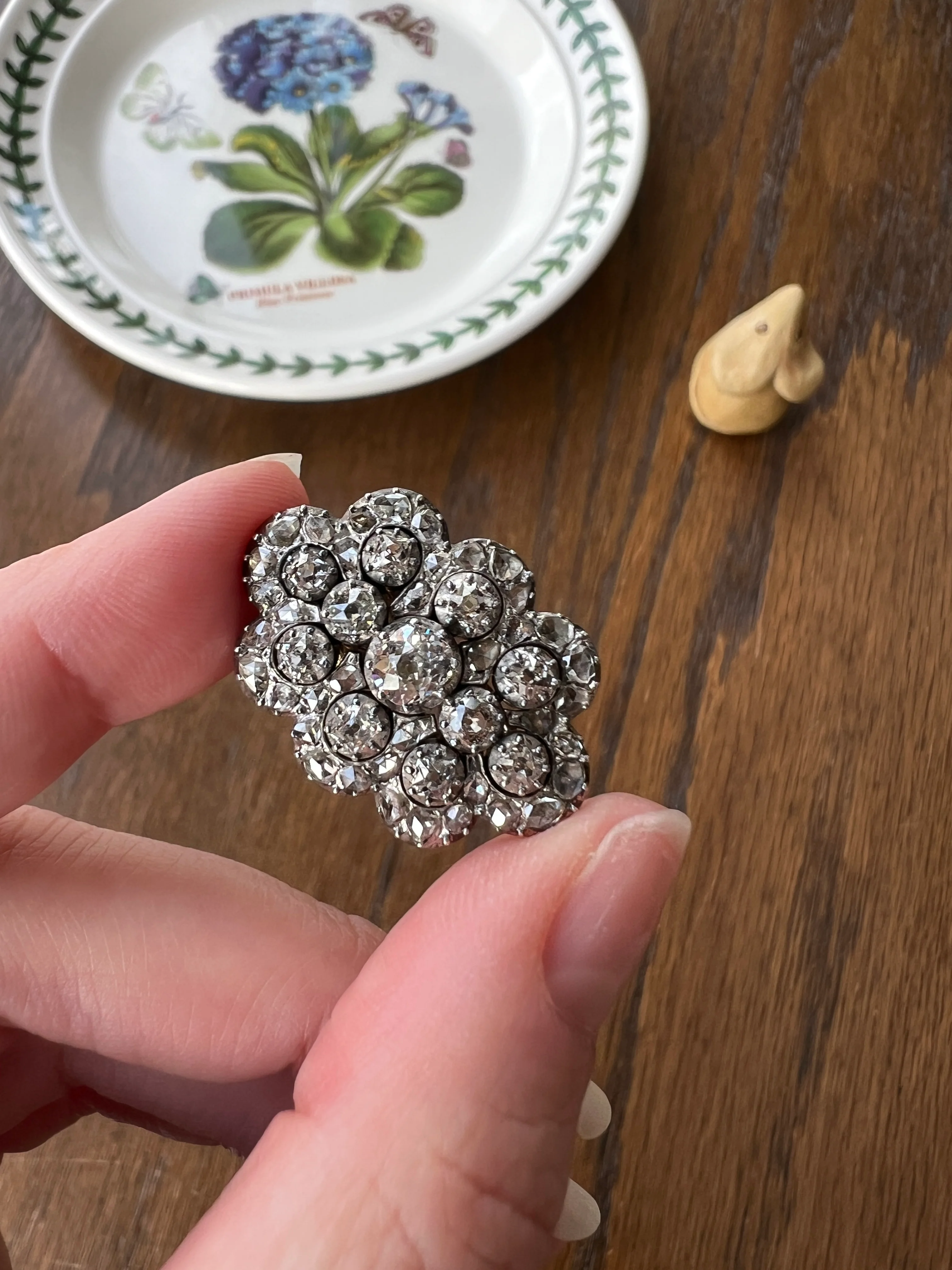 Antique 4.5 Carat Each Rose Old Mine Cut DIAMOND Chunky Scalloped Clip Pendant Lapel Shoe Collar Necklace Two Avail French 9k Gold Silver - Image 16