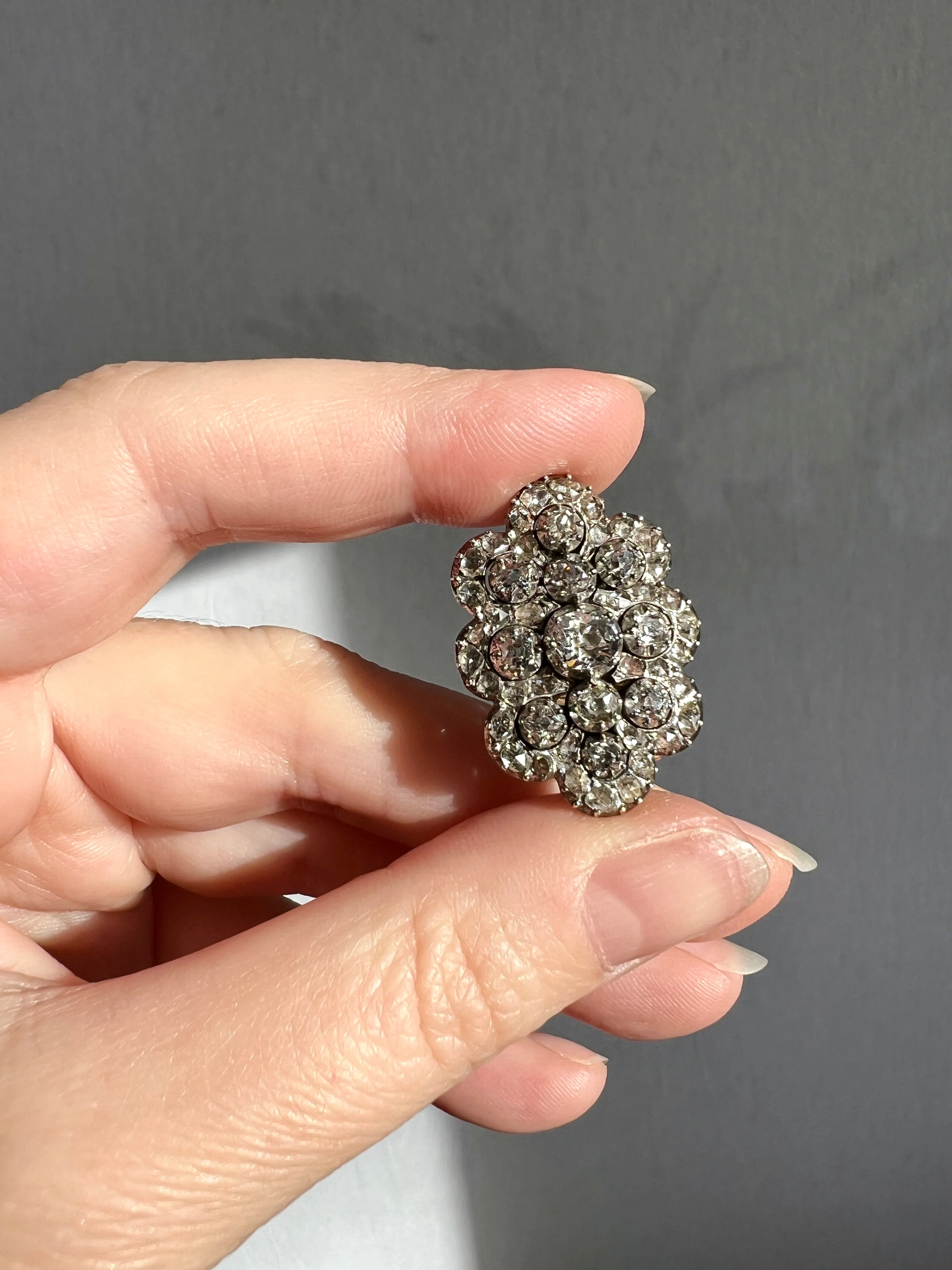 Antique 4.5 Carat Each Rose Old Mine Cut DIAMOND Chunky Scalloped Clip Pendant Lapel Shoe Collar Necklace Two Avail French 9k Gold Silver - Image 18