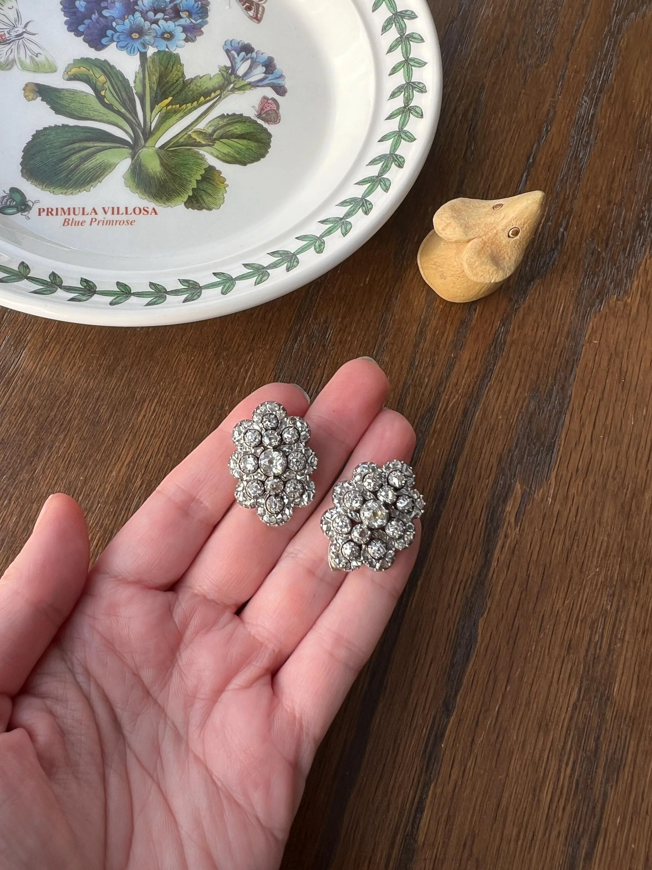 Antique 4.5 Carat Each Rose Old Mine Cut DIAMOND Chunky Scalloped Clip Pendant Lapel Shoe Collar Necklace Two Avail French 9k Gold Silver - Image 2