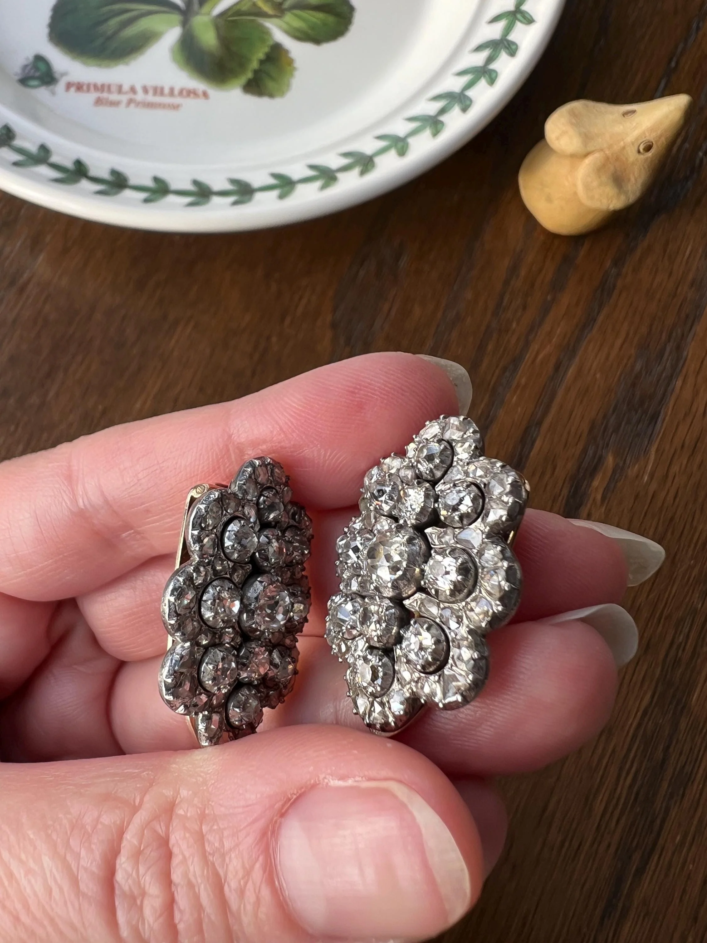 Antique 4.5 Carat Each Rose Old Mine Cut DIAMOND Chunky Scalloped Clip Pendant Lapel Shoe Collar Necklace Two Avail French 9k Gold Silver - Image 3
