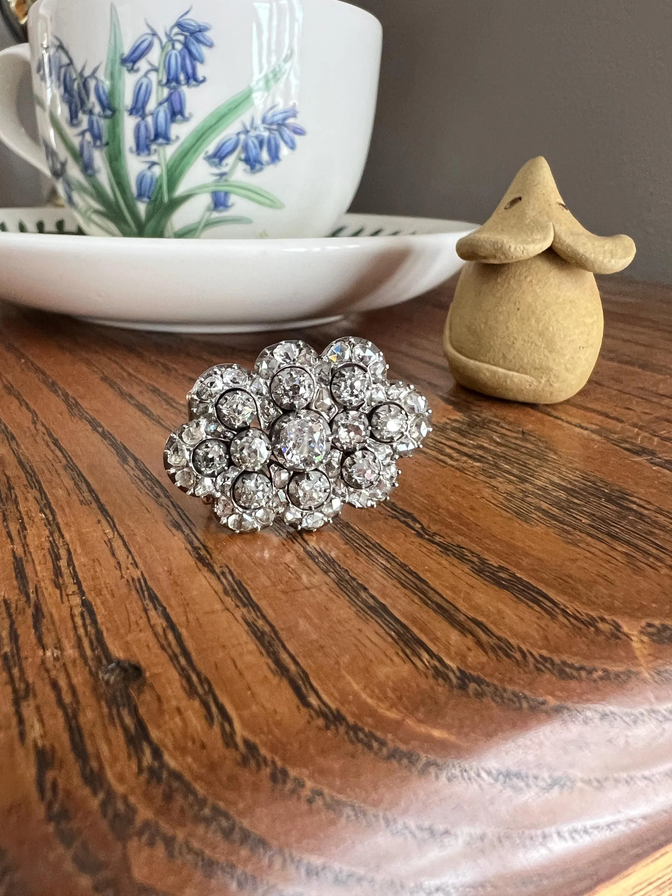 Antique 4.5 Carat Each Rose Old Mine Cut DIAMOND Chunky Scalloped Clip Pendant Lapel Shoe Collar Necklace Two Avail French 9k Gold Silver - Image 6