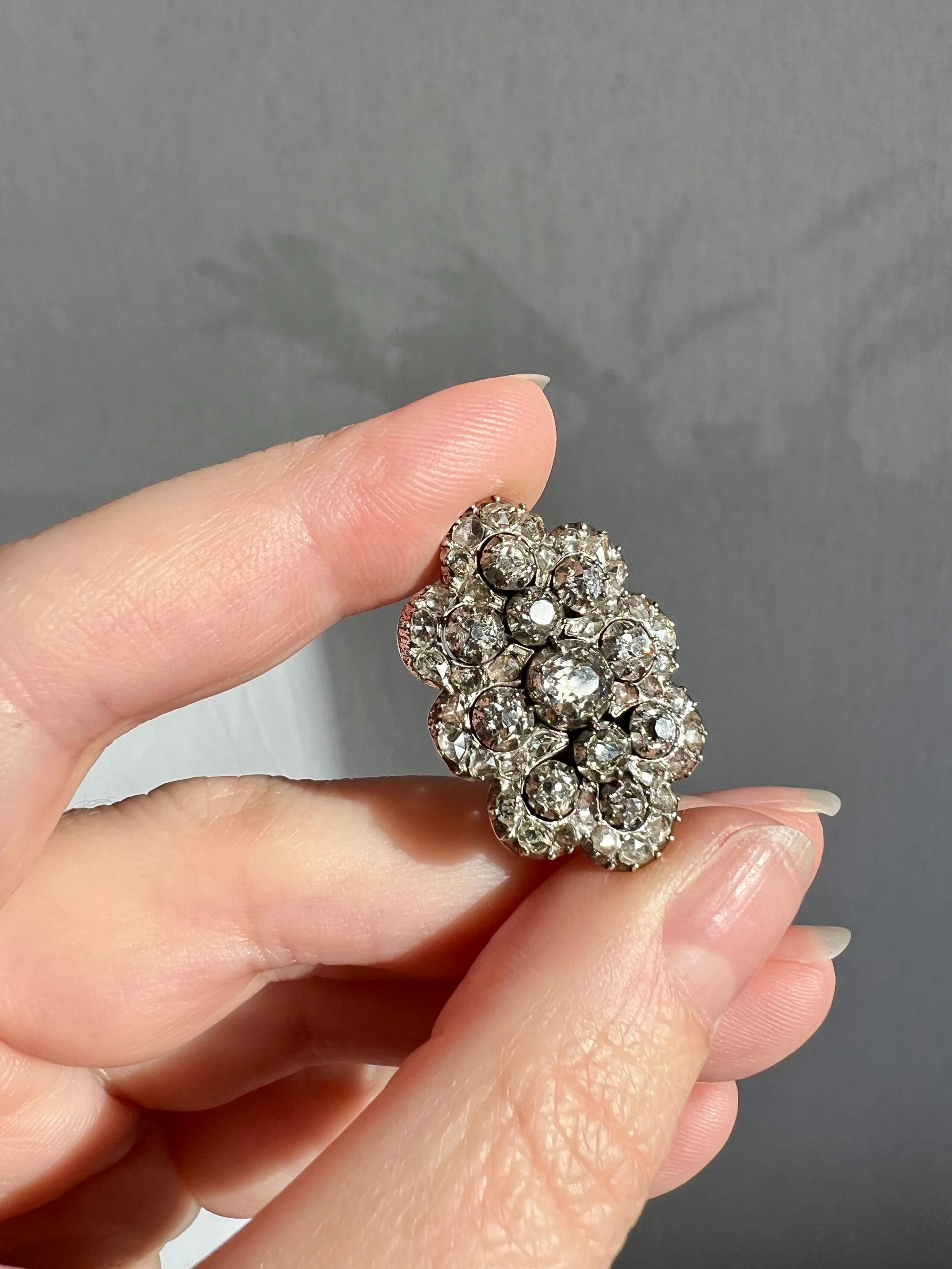 Antique 4.5 Carat Each Rose Old Mine Cut DIAMOND Chunky Scalloped Clip Pendant Lapel Shoe Collar Necklace Two Avail French 9k Gold Silver - Image 9