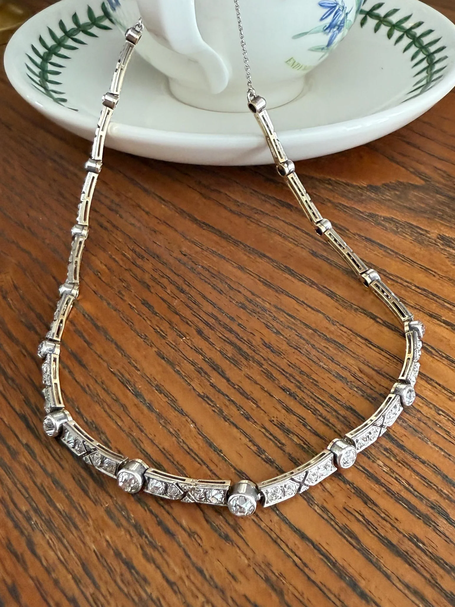 Antique 5 CARATS Old Mine Rose Cut DIAMOND Almost Riviera NECKLACE Choker Chain French 18k Gold Silver Bar Bezel Edwardian Art Deco Collar