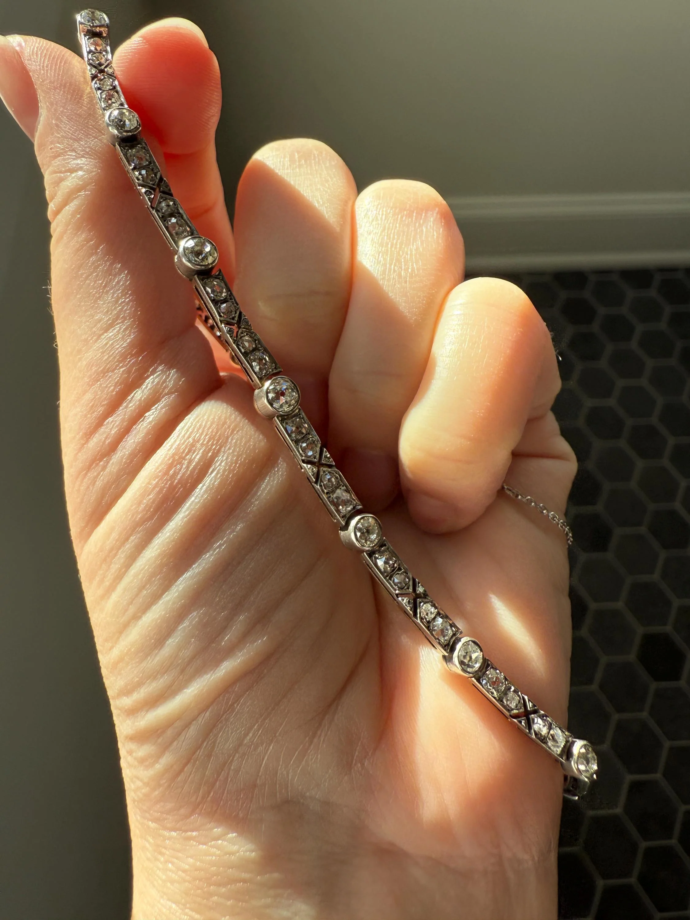 Antique 5 CARATS Old Mine Rose Cut DIAMOND Almost Riviera NECKLACE Choker Chain French 18k Gold Silver Bar Bezel Edwardian Art Deco Collar - Image 11