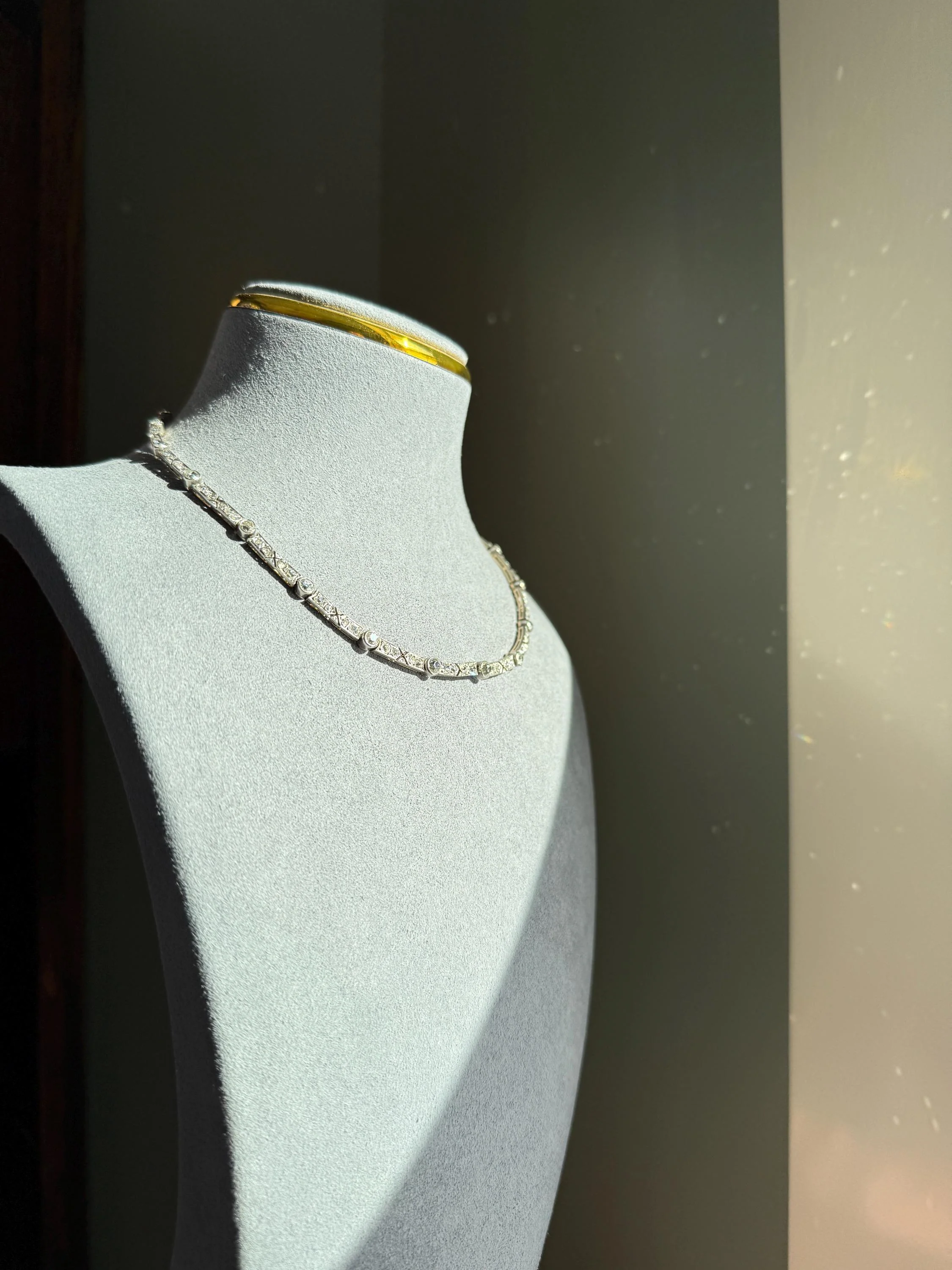 Antique 5 CARATS Old Mine Rose Cut DIAMOND Almost Riviera NECKLACE Choker Chain French 18k Gold Silver Bar Bezel Edwardian Art Deco Collar - Image 15