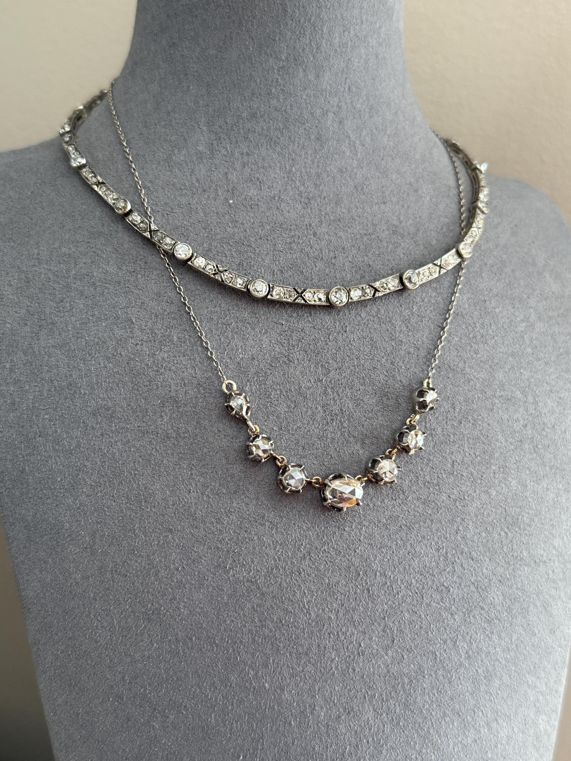 Antique 5 CARATS Old Mine Rose Cut DIAMOND Almost Riviera NECKLACE Choker Chain French 18k Gold Silver Bar Bezel Edwardian Art Deco Collar - Image 16
