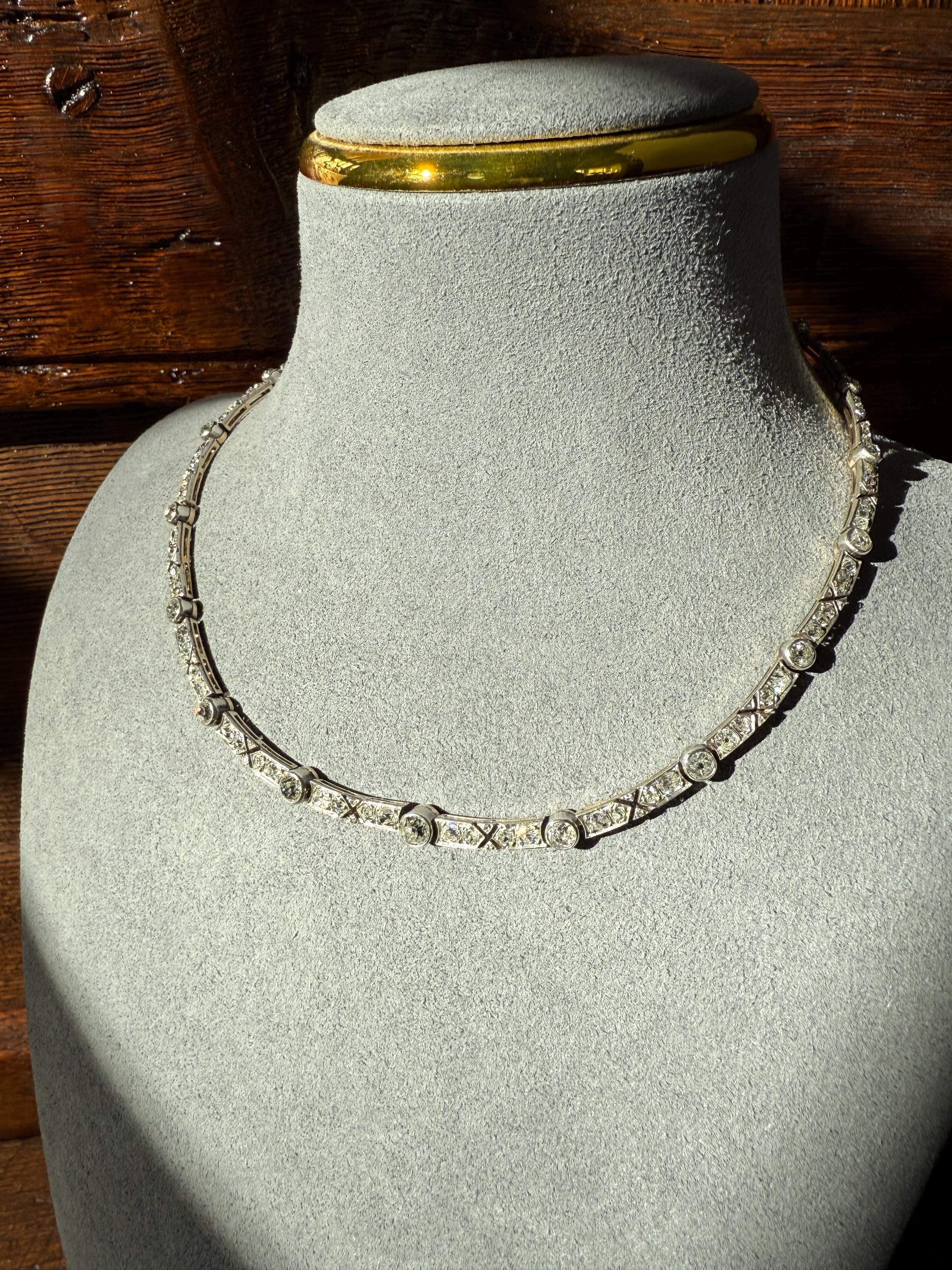 Antique 5 CARATS Old Mine Rose Cut DIAMOND Almost Riviera NECKLACE Choker Chain French 18k Gold Silver Bar Bezel Edwardian Art Deco Collar - Image 2