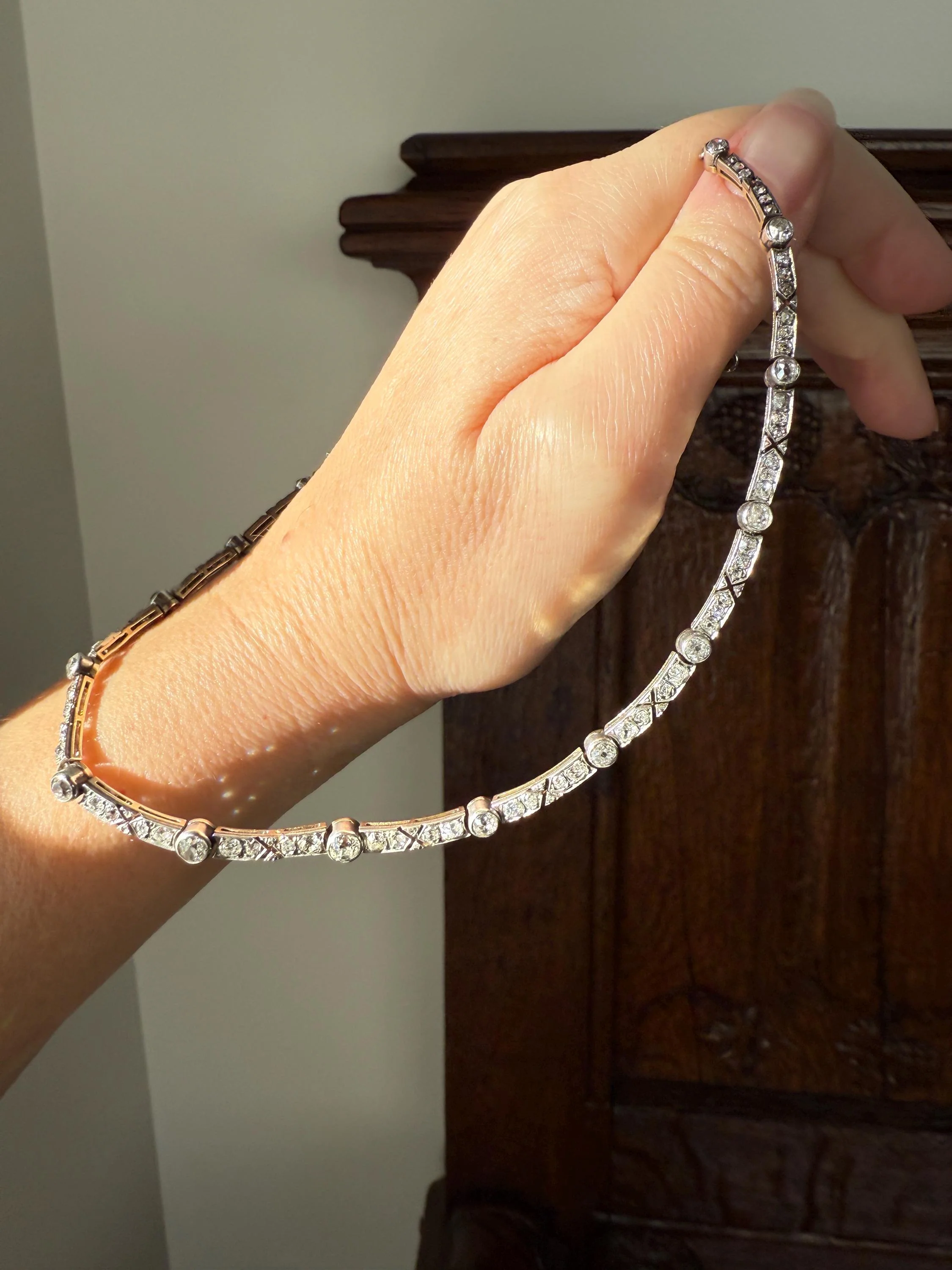 Antique 5 CARATS Old Mine Rose Cut DIAMOND Almost Riviera NECKLACE Choker Chain French 18k Gold Silver Bar Bezel Edwardian Art Deco Collar - Image 3