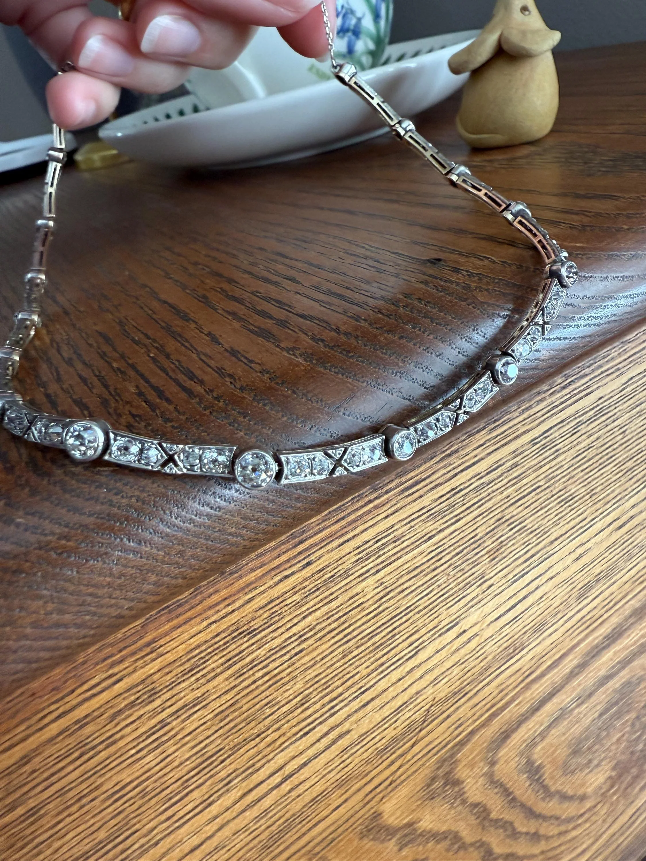 Antique 5 CARATS Old Mine Rose Cut DIAMOND Almost Riviera NECKLACE Choker Chain French 18k Gold Silver Bar Bezel Edwardian Art Deco Collar - Image 4