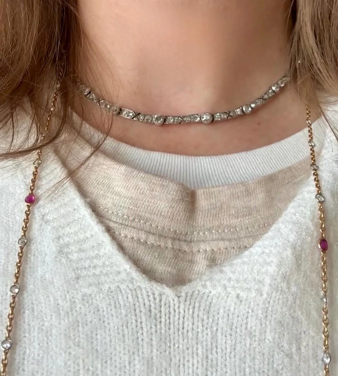 Antique 5 CARATS Old Mine Rose Cut DIAMOND Almost Riviera NECKLACE Choker Chain French 18k Gold Silver Bar Bezel Edwardian Art Deco Collar - Image 5