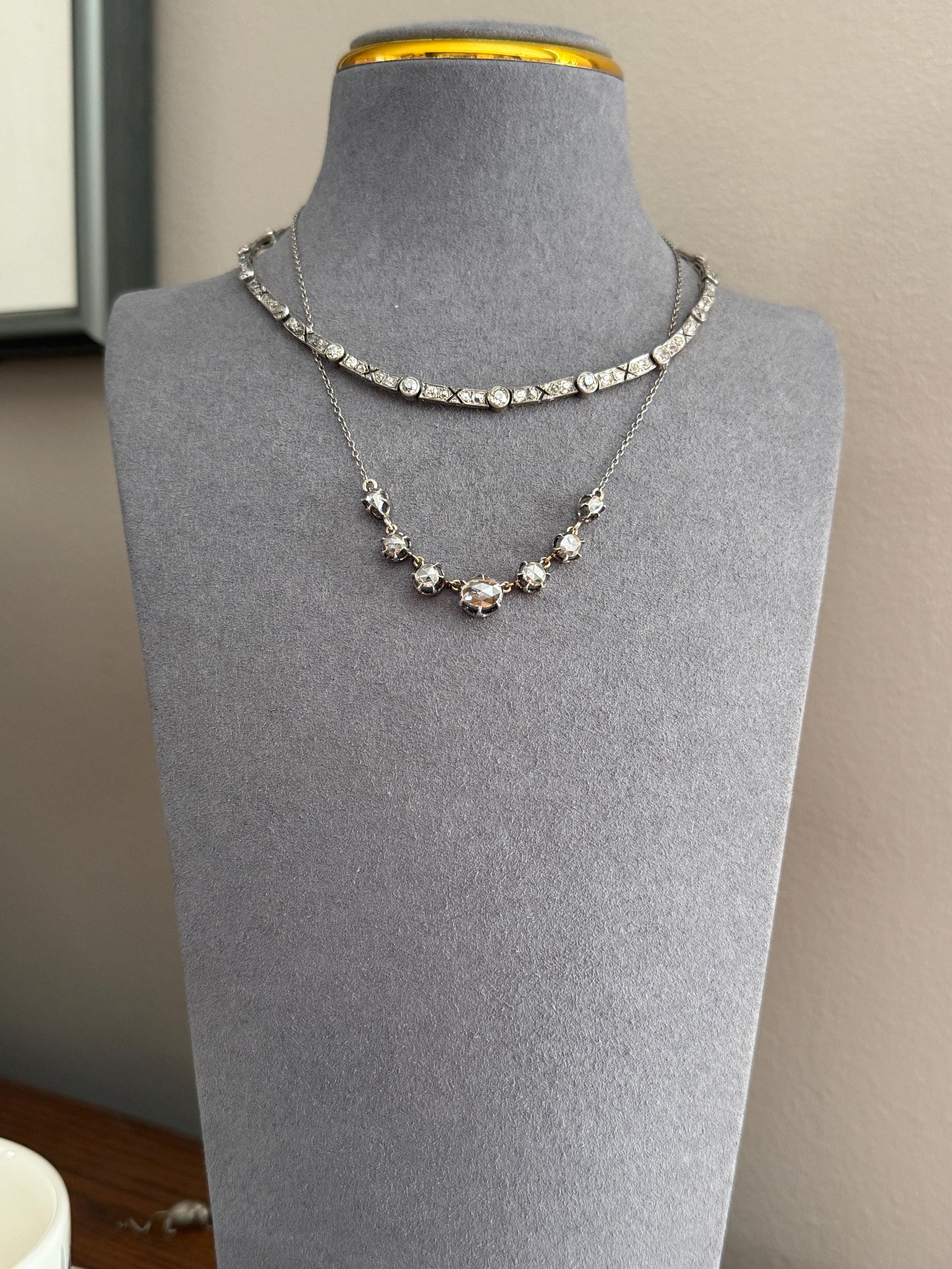 Antique 5 CARATS Old Mine Rose Cut DIAMOND Almost Riviera NECKLACE Choker Chain French 18k Gold Silver Bar Bezel Edwardian Art Deco Collar - Image 6