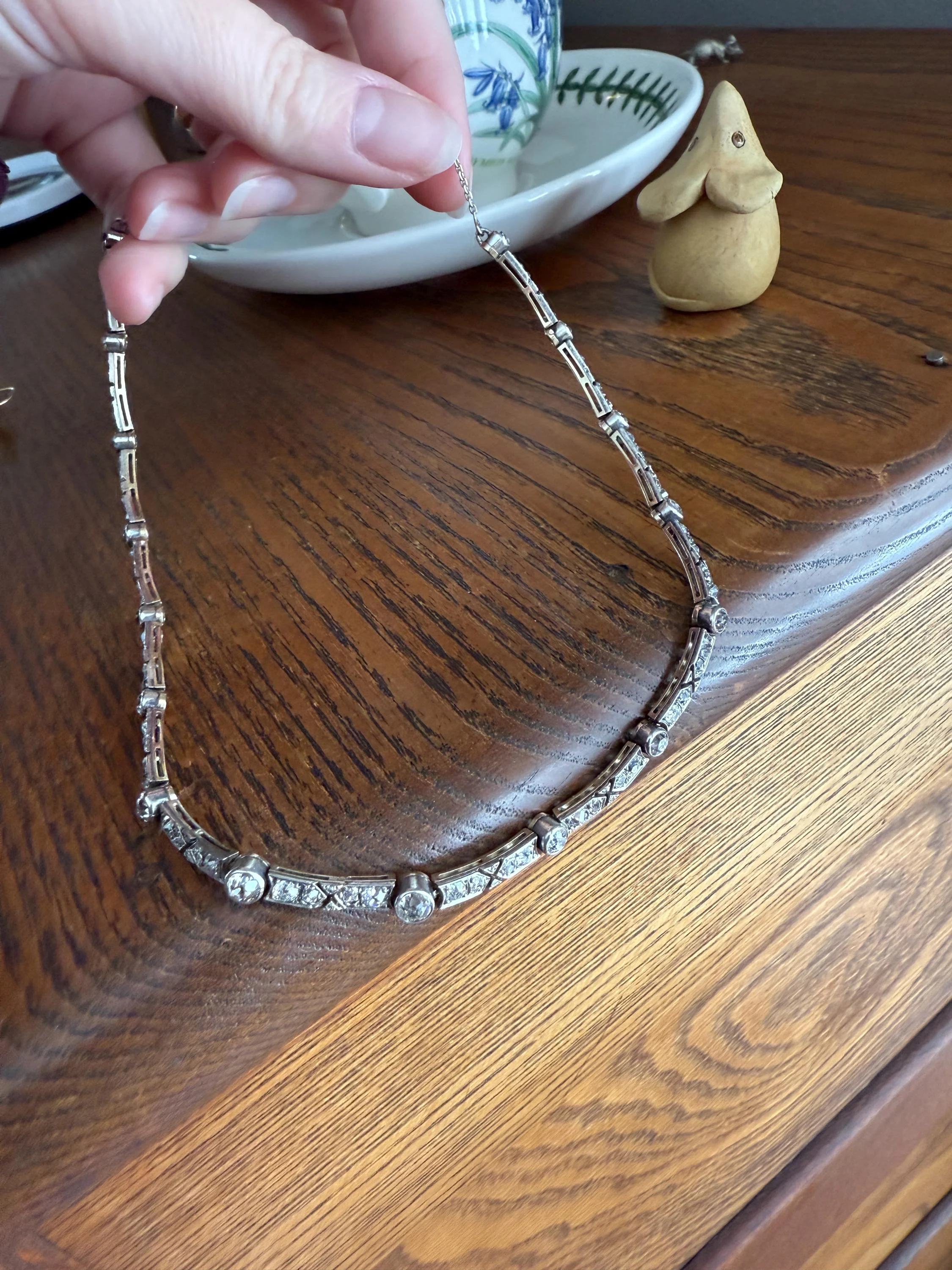Antique 5 CARATS Old Mine Rose Cut DIAMOND Almost Riviera NECKLACE Choker Chain French 18k Gold Silver Bar Bezel Edwardian Art Deco Collar - Image 7