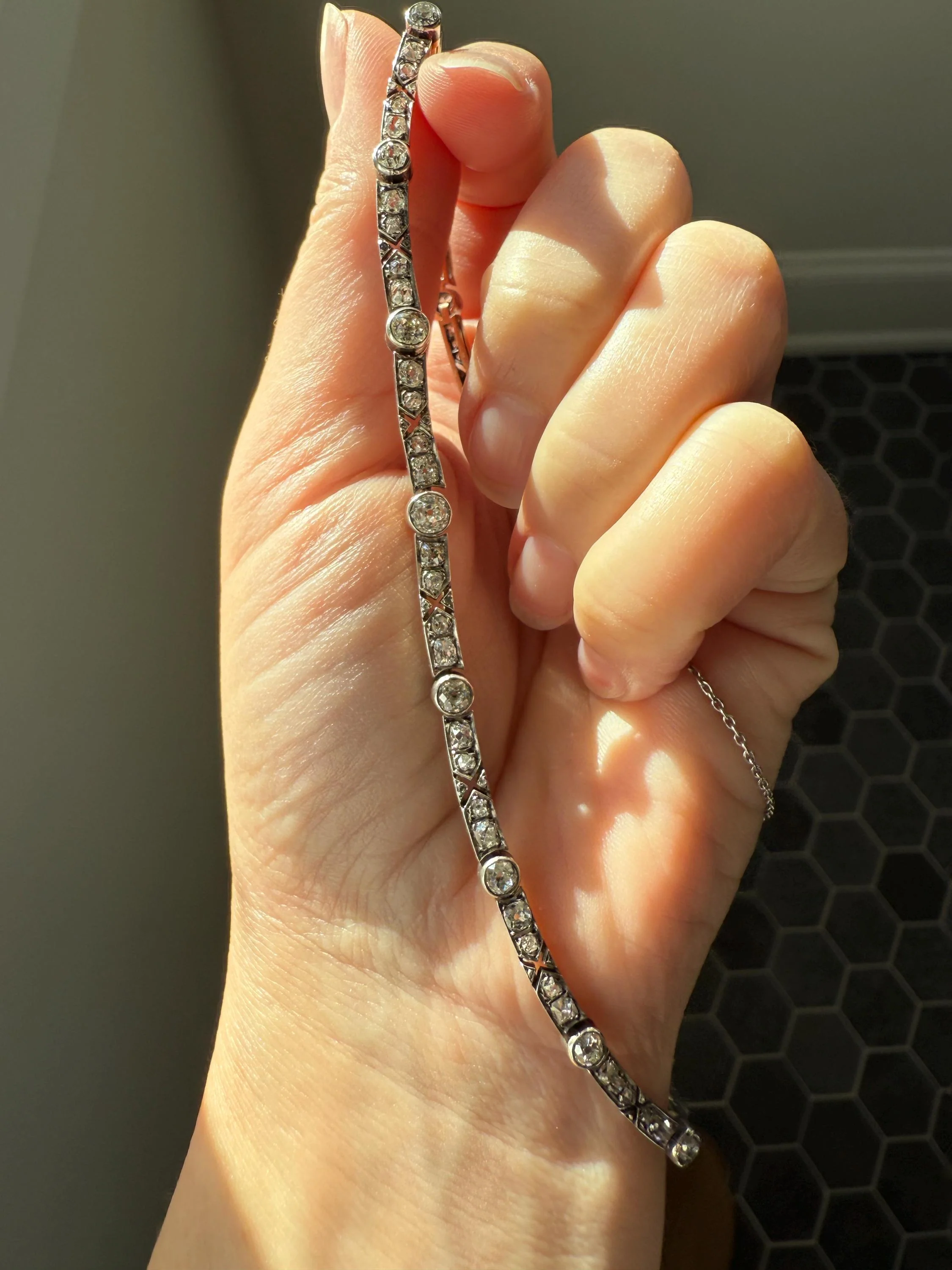 Antique 5 CARATS Old Mine Rose Cut DIAMOND Almost Riviera NECKLACE Choker Chain French 18k Gold Silver Bar Bezel Edwardian Art Deco Collar - Image 8