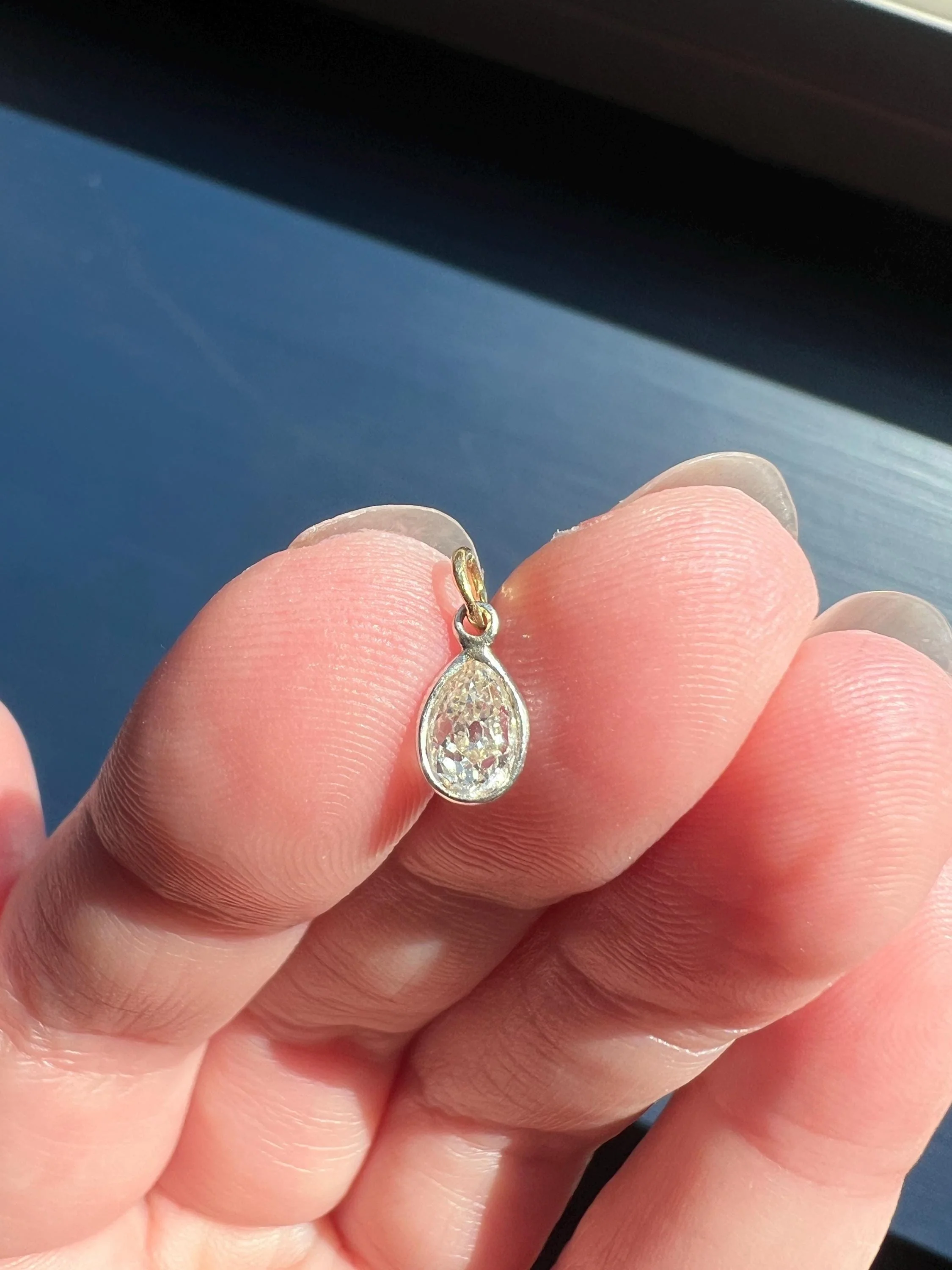 Antique .54 Carat PEAR Natural Old Mine Cut DIAMOND Chunky Dangle Pendant 18k White Gold 9k YG Loop Minimalist Bracelet Necklace Charm - Image 11