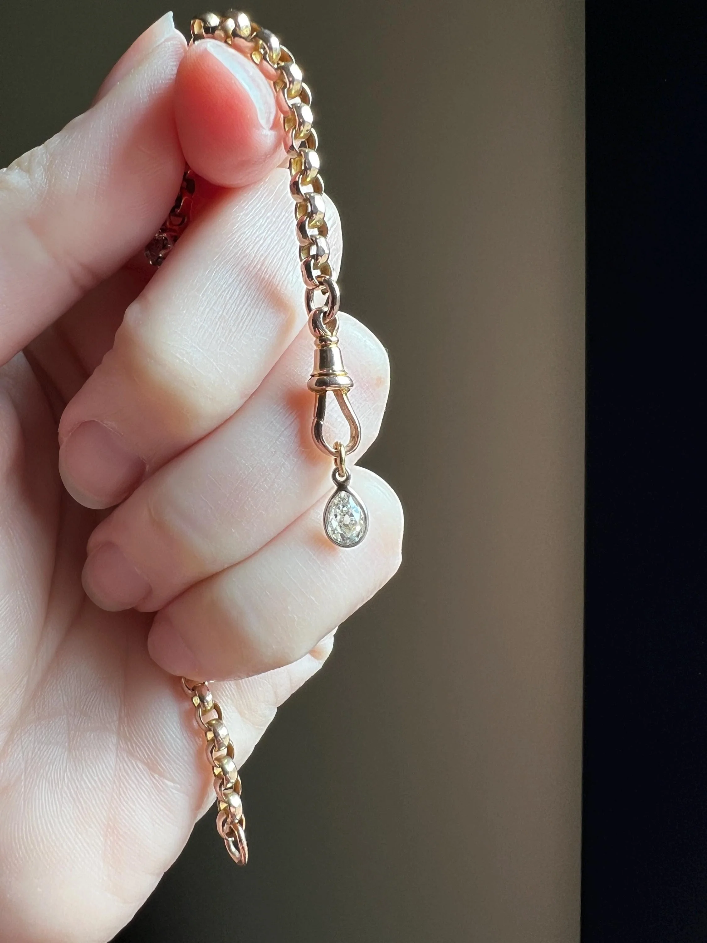 Antique .54 Carat PEAR Natural Old Mine Cut DIAMOND Chunky Dangle Pendant 18k White Gold 9k YG Loop Minimalist Bracelet Necklace Charm - Image 7