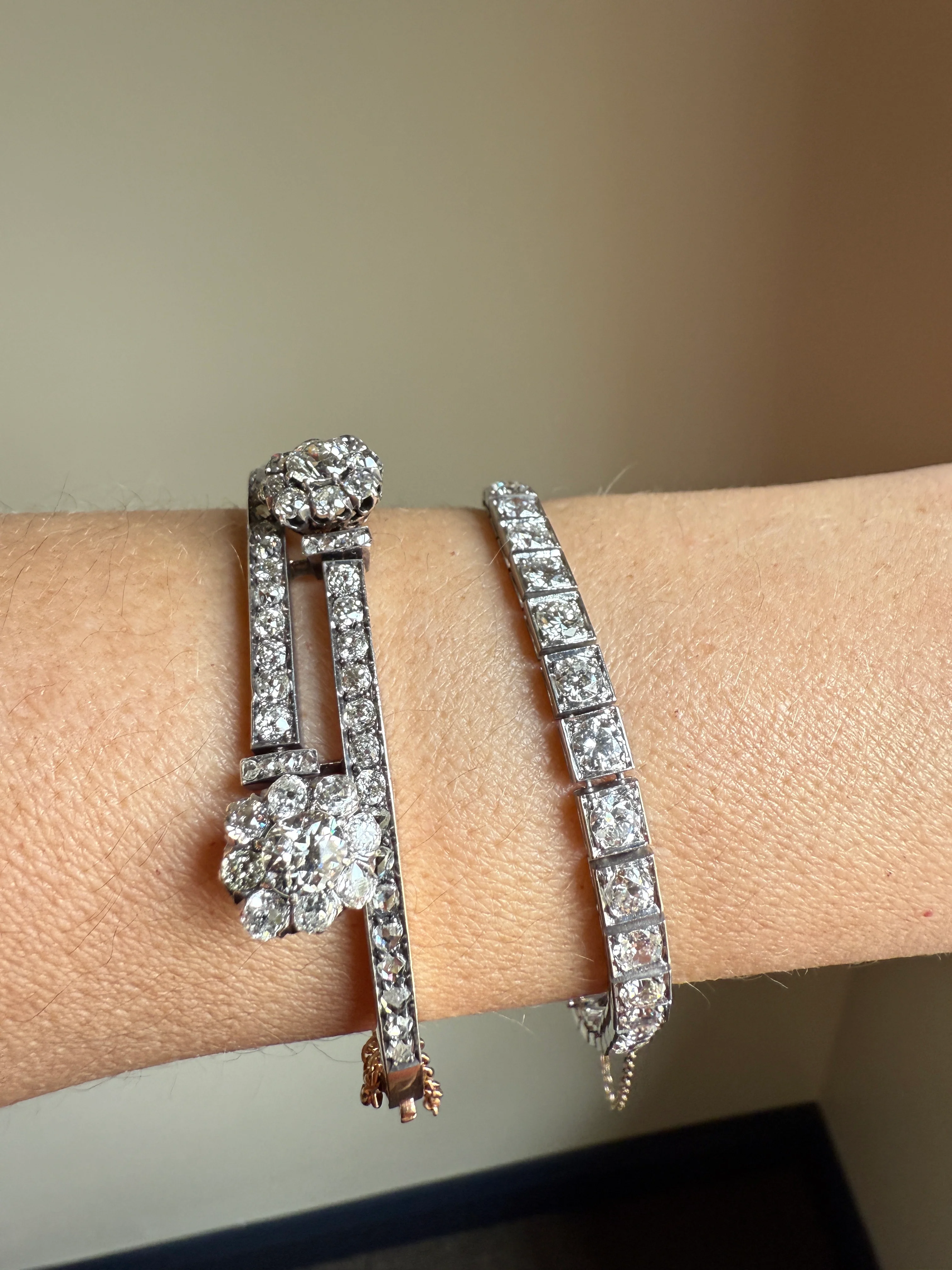 ANTIQUE 6 Carats Double Daisy CLUSTER 56 Old Mine & Rose Cut DIAMONDS French Hinged Bangle Bracelet 18k Gold Belle Epoque - Image 21
