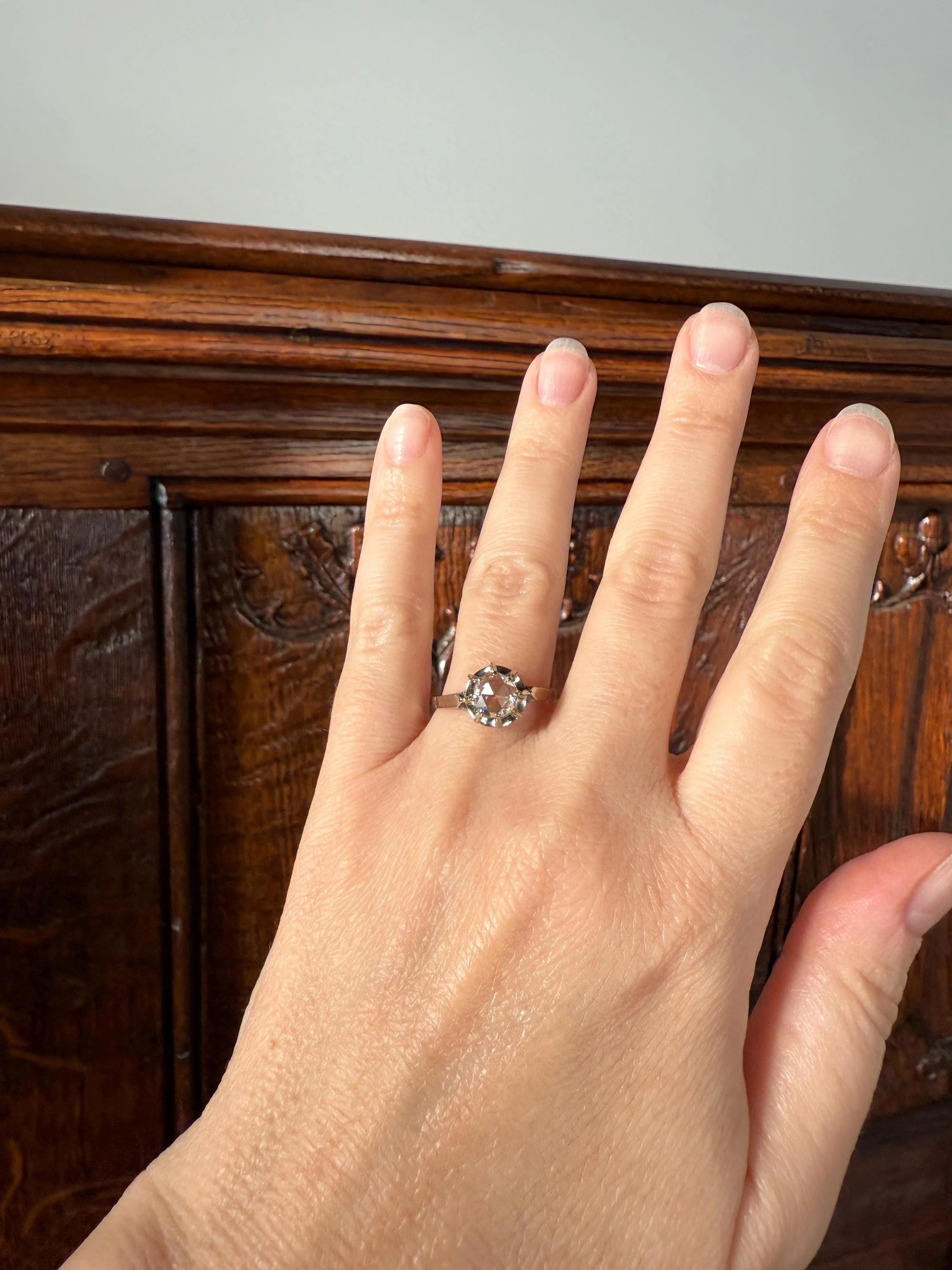 Antique 6.2mm Eye Clean Rose Cut DIAMOND Solitaire 18k White Gold Ring Disco Ball Stacker Open Back Engagement 1 Carat Face Up - Image 11