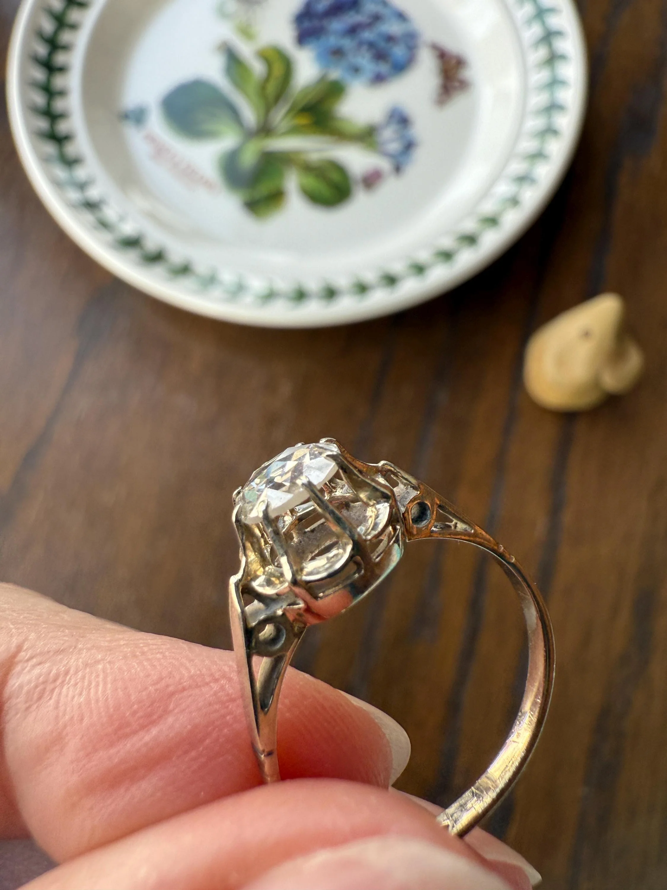 Antique 6.2mm Eye Clean Rose Cut DIAMOND Solitaire 18k White Gold Ring Disco Ball Stacker Open Back Engagement 1 Carat Face Up - Image 15
