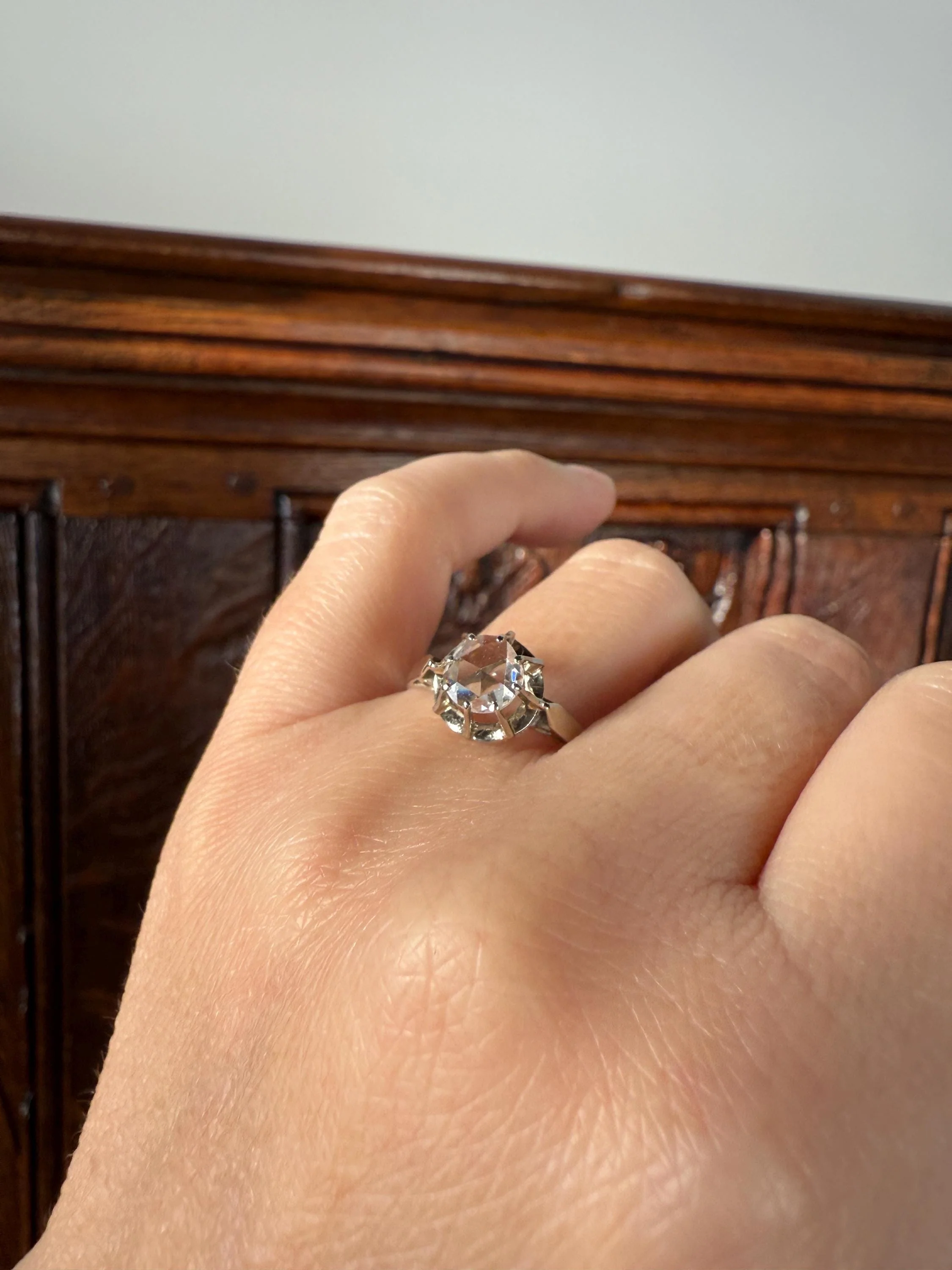 Antique 6.2mm Eye Clean Rose Cut DIAMOND Solitaire 18k White Gold Ring Disco Ball Stacker Open Back Engagement 1 Carat Face Up - Image 4