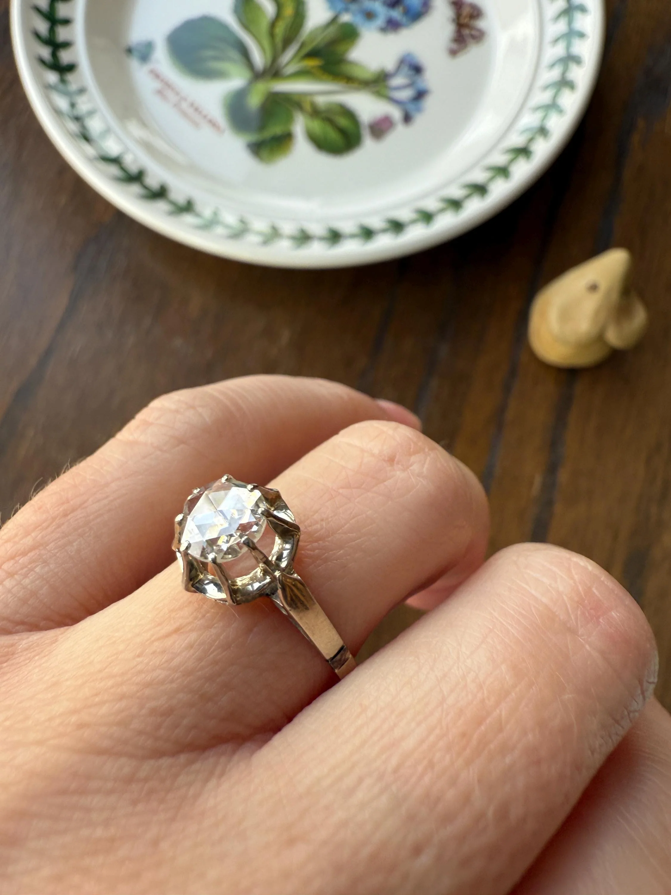 Antique 6.2mm Eye Clean Rose Cut DIAMOND Solitaire 18k White Gold Ring Disco Ball Stacker Open Back Engagement 1 Carat Face Up - Image 5