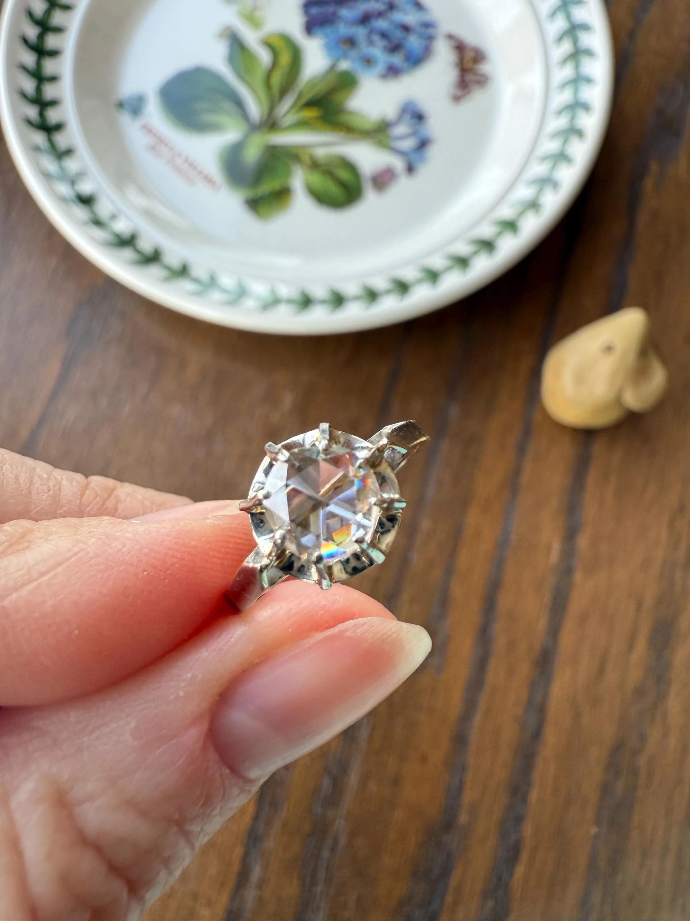 Antique 6.2mm Eye Clean Rose Cut DIAMOND Solitaire 18k White Gold Ring Disco Ball Stacker Open Back Engagement 1 Carat Face Up - Image 6