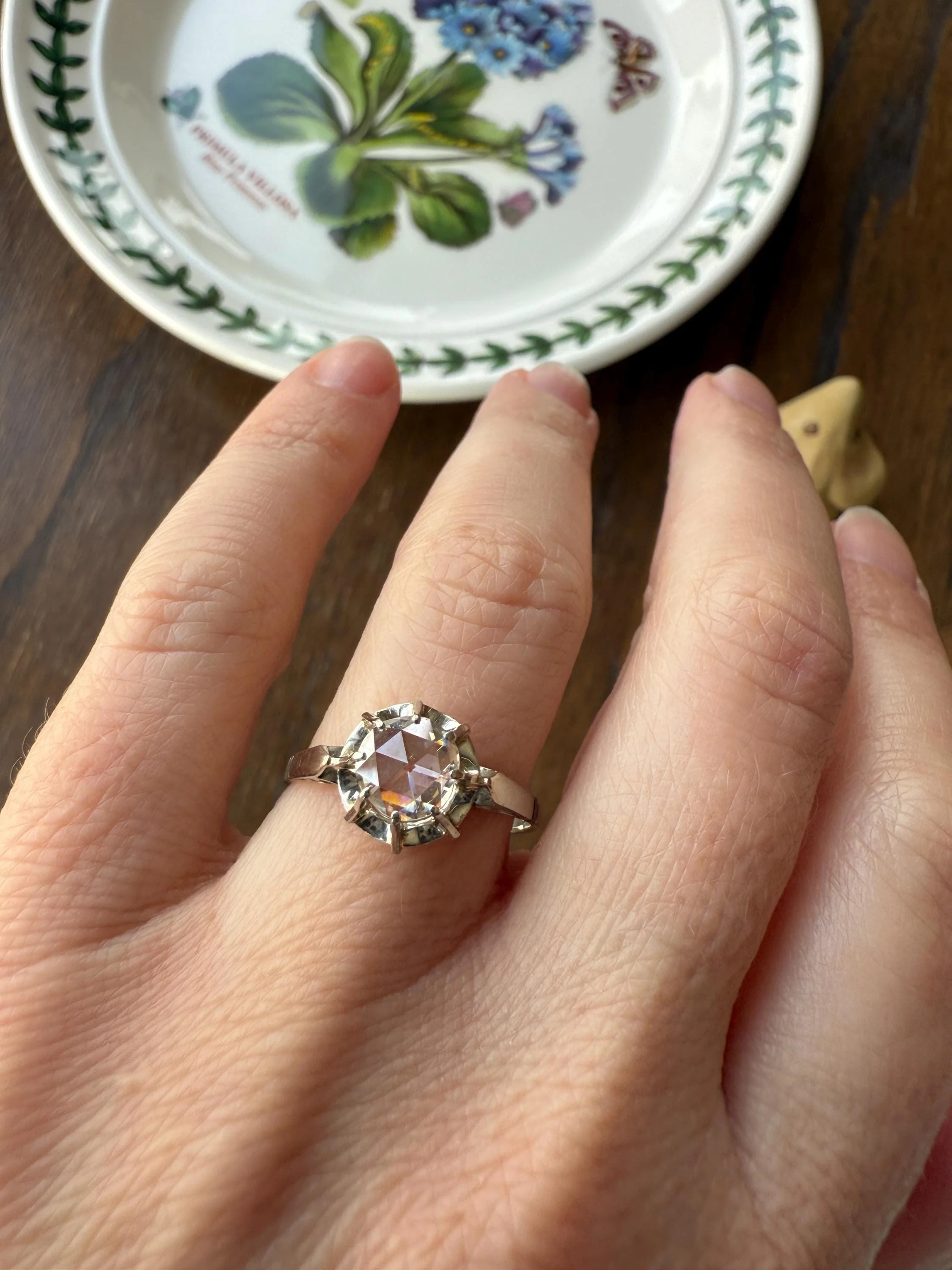 Antique 6.2mm Eye Clean Rose Cut DIAMOND Solitaire 18k White Gold Ring Disco Ball Stacker Open Back Engagement 1 Carat Face Up - Image 7
