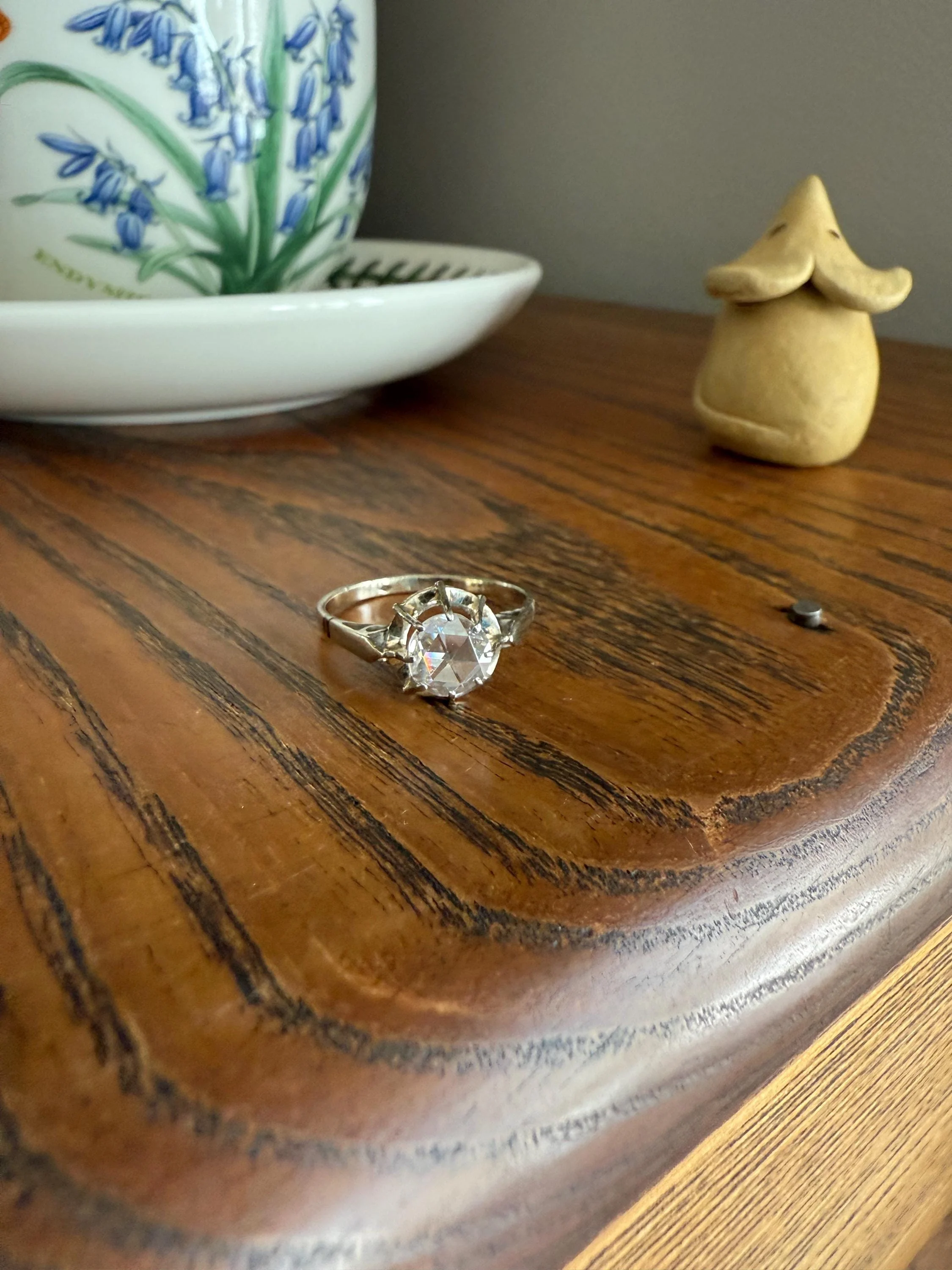 Antique 6.2mm Eye Clean Rose Cut DIAMOND Solitaire 18k White Gold Ring Disco Ball Stacker Open Back Engagement 1 Carat Face Up - Image 9