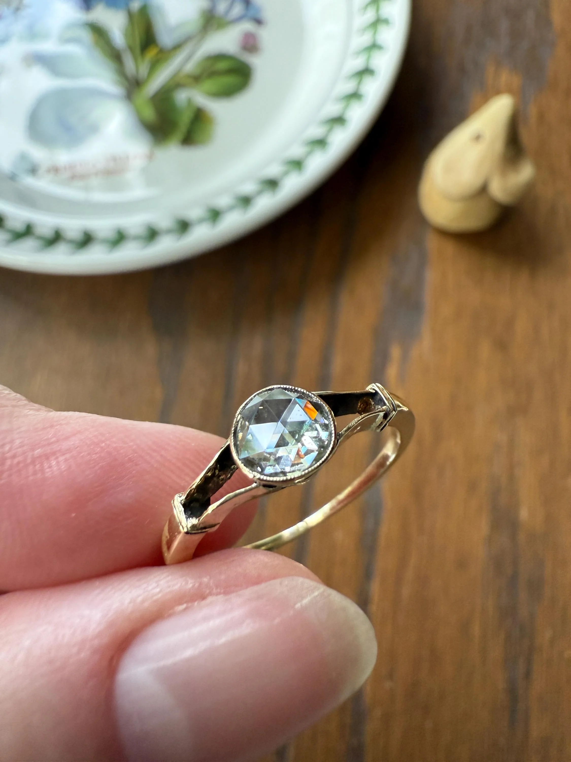 Antique 6.2mm Rose Cut DIAMOND Solitaire 14k Gold Ring Bezel Set Stacker Open Work Shoulders 1 Carat Face Up - Image 11