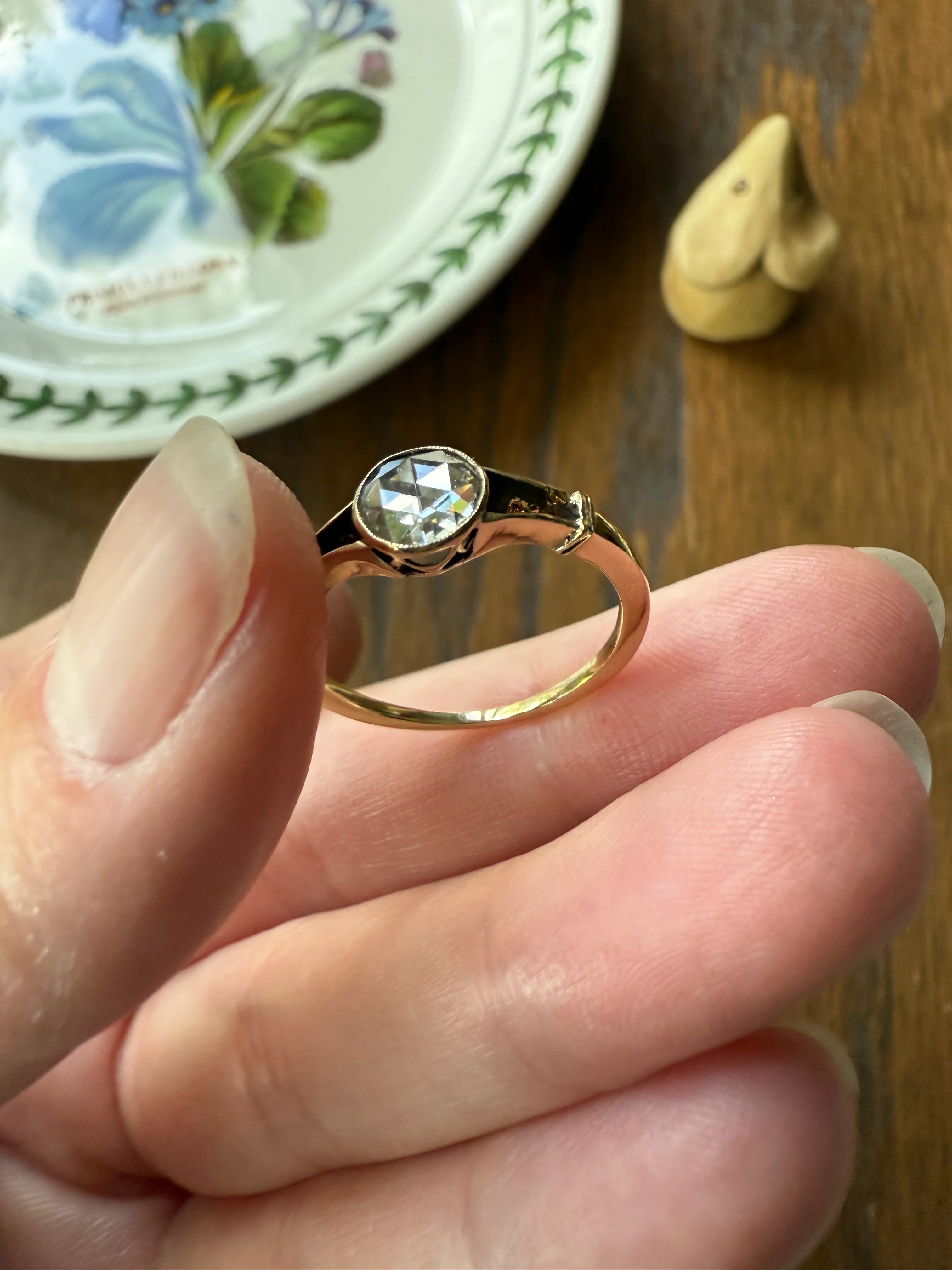 Antique 6.2mm Rose Cut DIAMOND Solitaire 14k Gold Ring Bezel Set Stacker Open Work Shoulders 1 Carat Face Up - Image 15