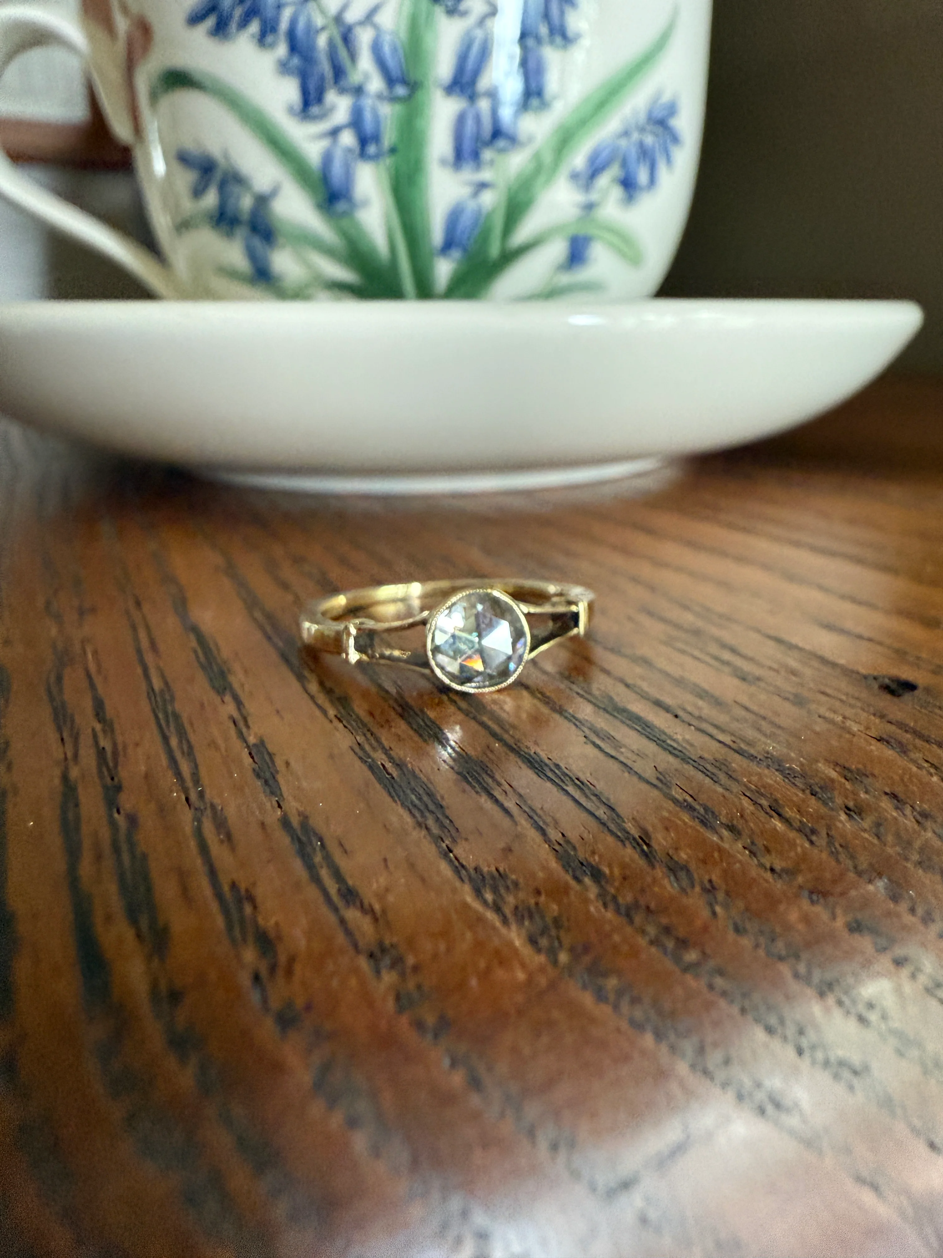 Antique 6.2mm Rose Cut DIAMOND Solitaire 14k Gold Ring Bezel Set Stacker Open Work Shoulders 1 Carat Face Up - Image 17