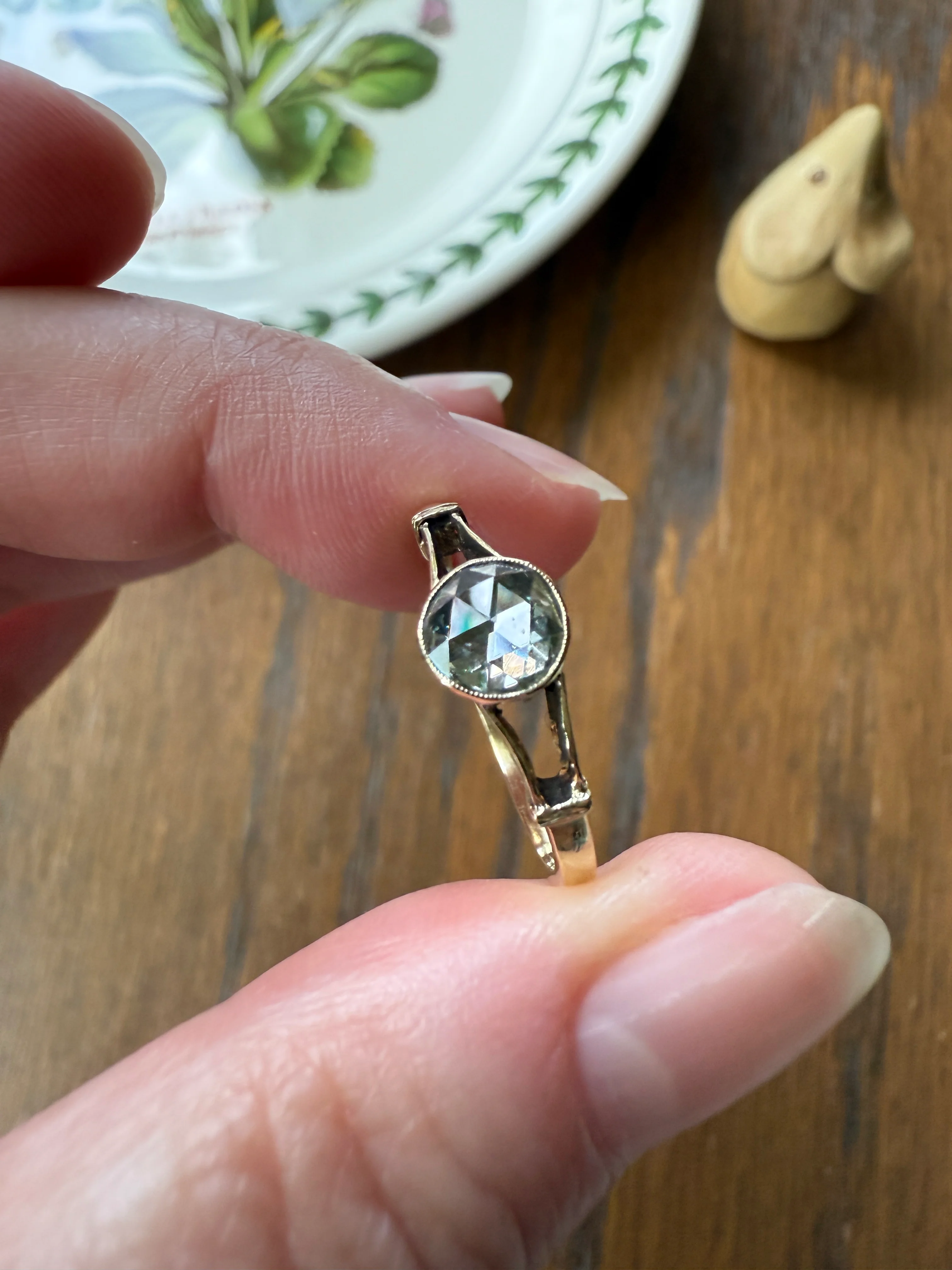 Antique 6.2mm Rose Cut DIAMOND Solitaire 14k Gold Ring Bezel Set Stacker Open Work Shoulders 1 Carat Face Up - Image 18