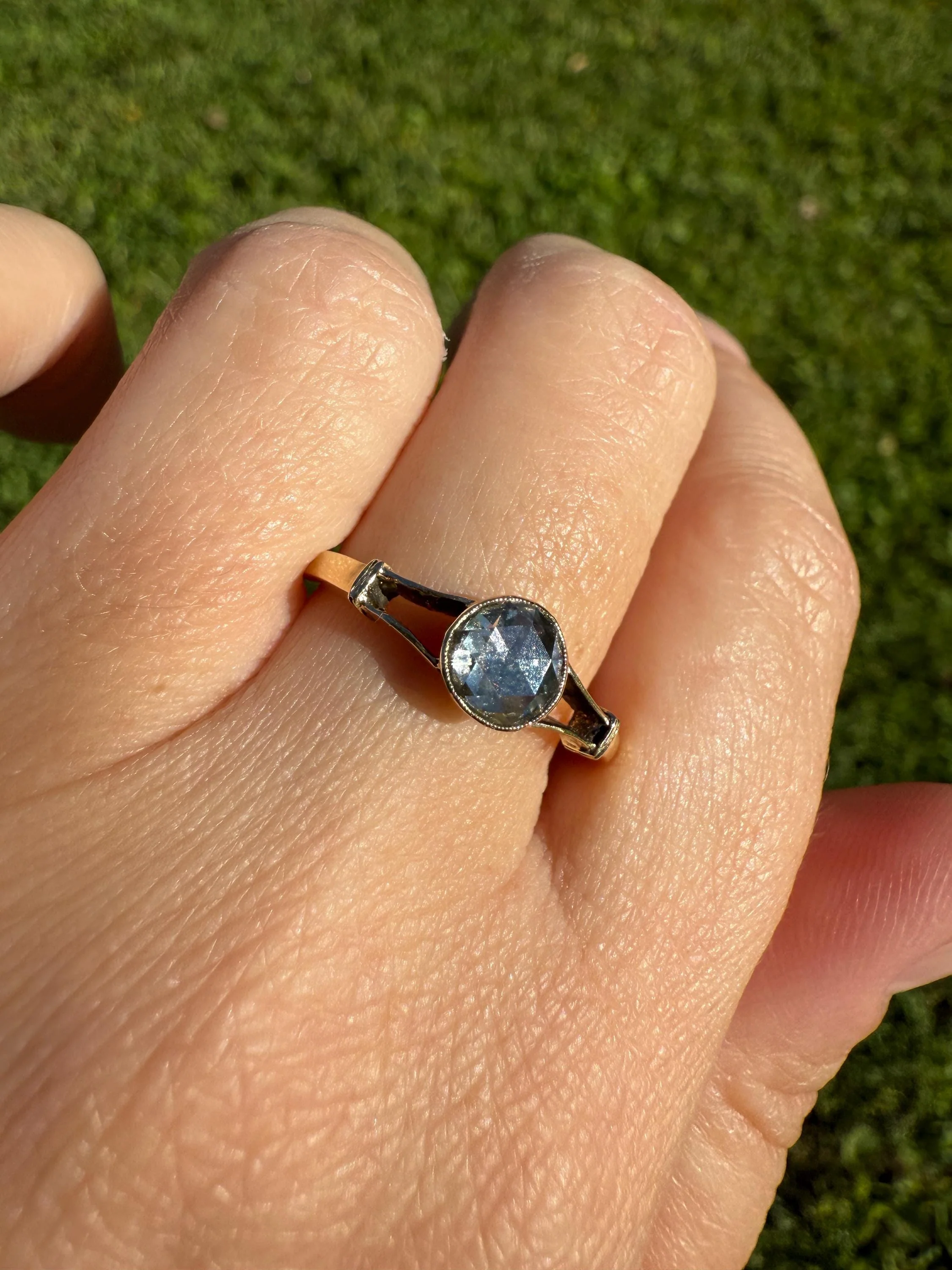 Antique 6.2mm Rose Cut DIAMOND Solitaire 14k Gold Ring Bezel Set Stacker Open Work Shoulders 1 Carat Face Up - Image 5