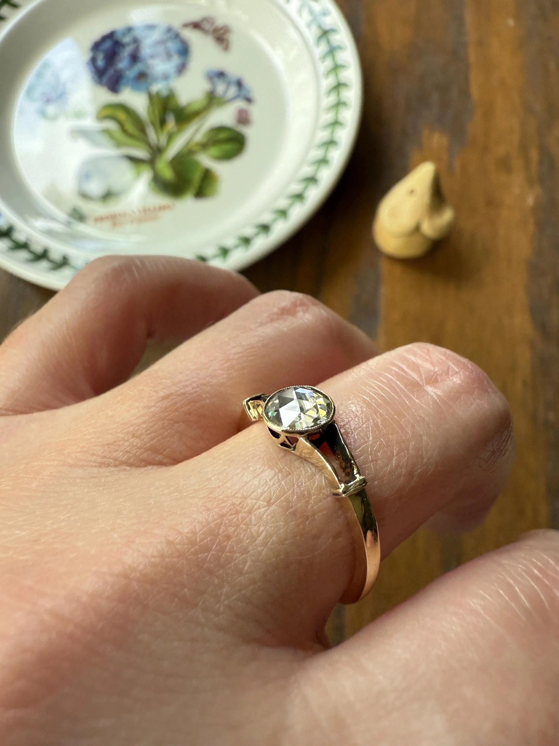 Antique 6.2mm Rose Cut DIAMOND Solitaire 14k Gold Ring Bezel Set Stacker Open Work Shoulders 1 Carat Face Up - Image 6