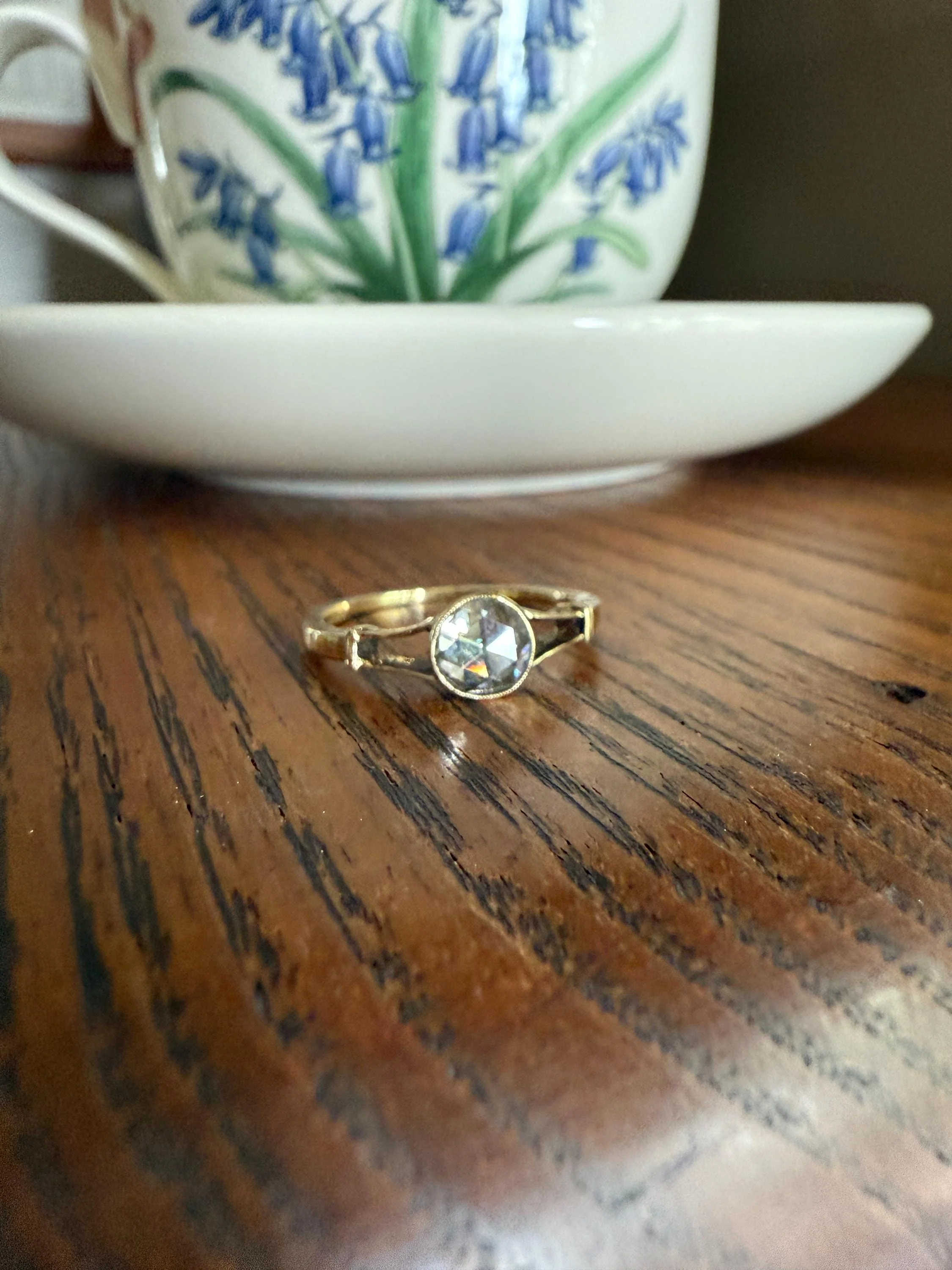 Antique 6.2mm Rose Cut DIAMOND Solitaire 14k Gold Ring Bezel Set Stacker Open Work Shoulders 1 Carat Face Up - Image 7