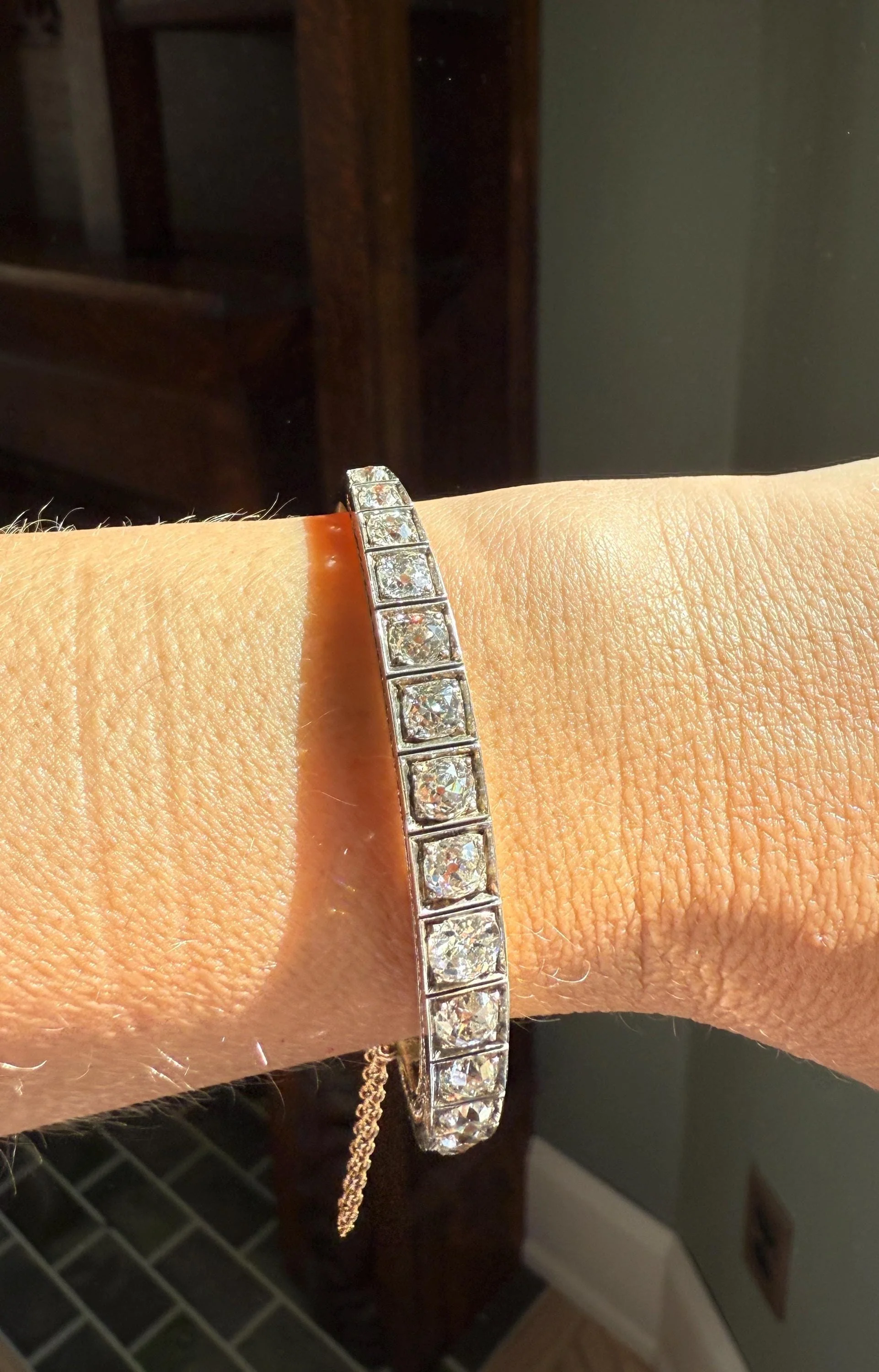 Antique 6.5 CARAT Old Mine Cut DIAMOND Hinged Bangle Line Bracelet 18k Gold Silver Top - Image 11
