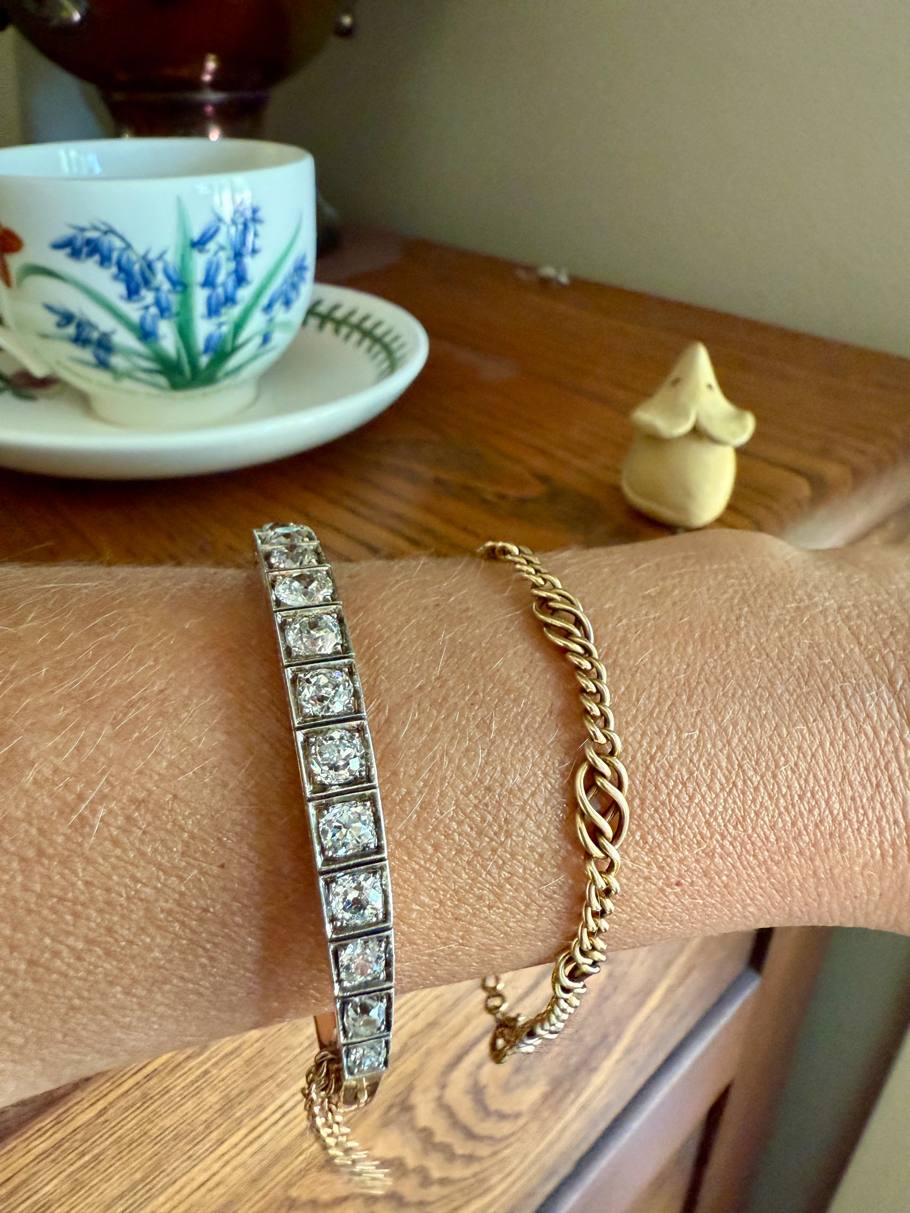 Antique 6.5 CARAT Old Mine Cut DIAMOND Hinged Bangle Line Bracelet 18k Gold Silver Top - Image 12