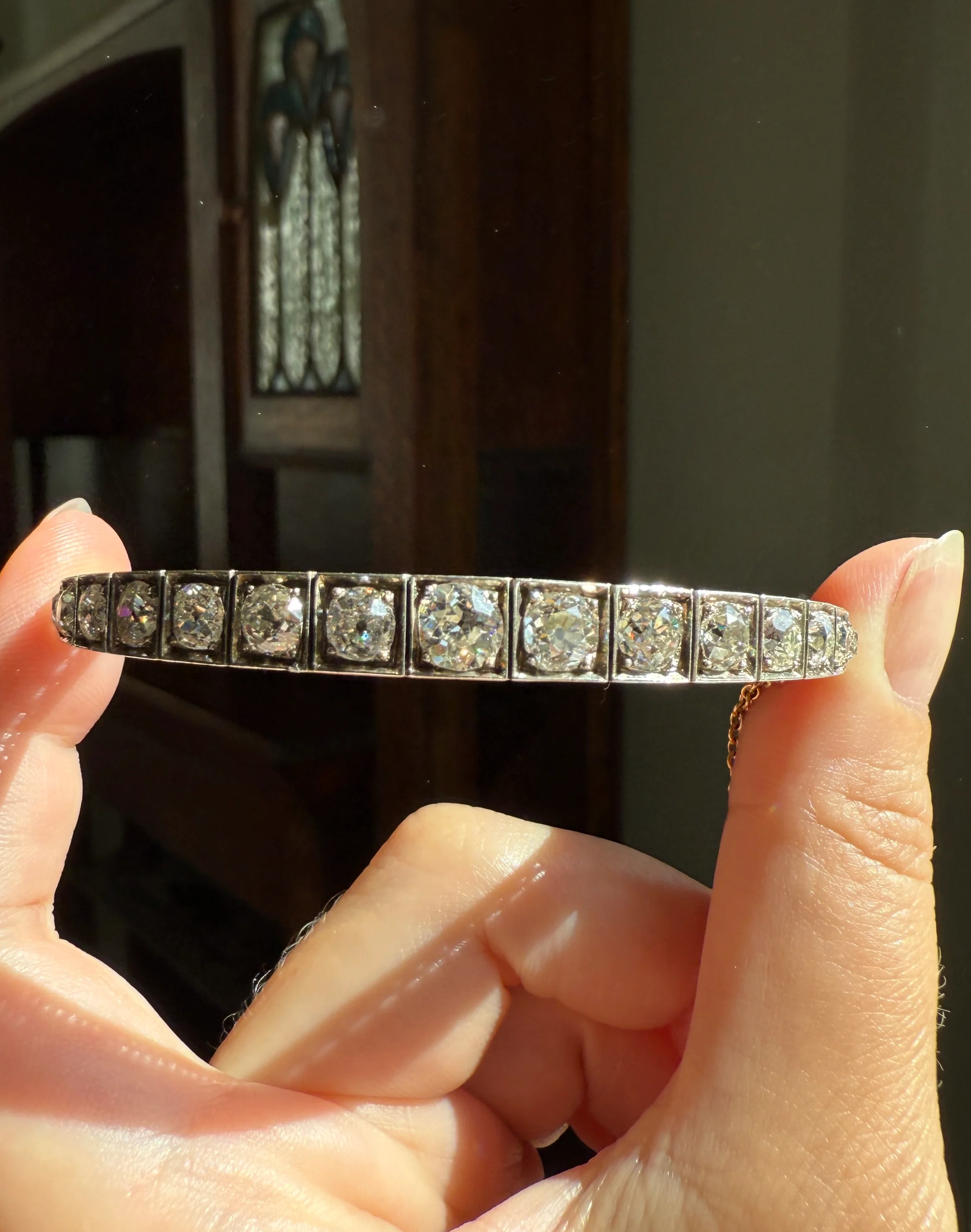 Antique 6.5 CARAT Old Mine Cut DIAMOND Hinged Bangle Line Bracelet 18k Gold Silver Top - Image 14
