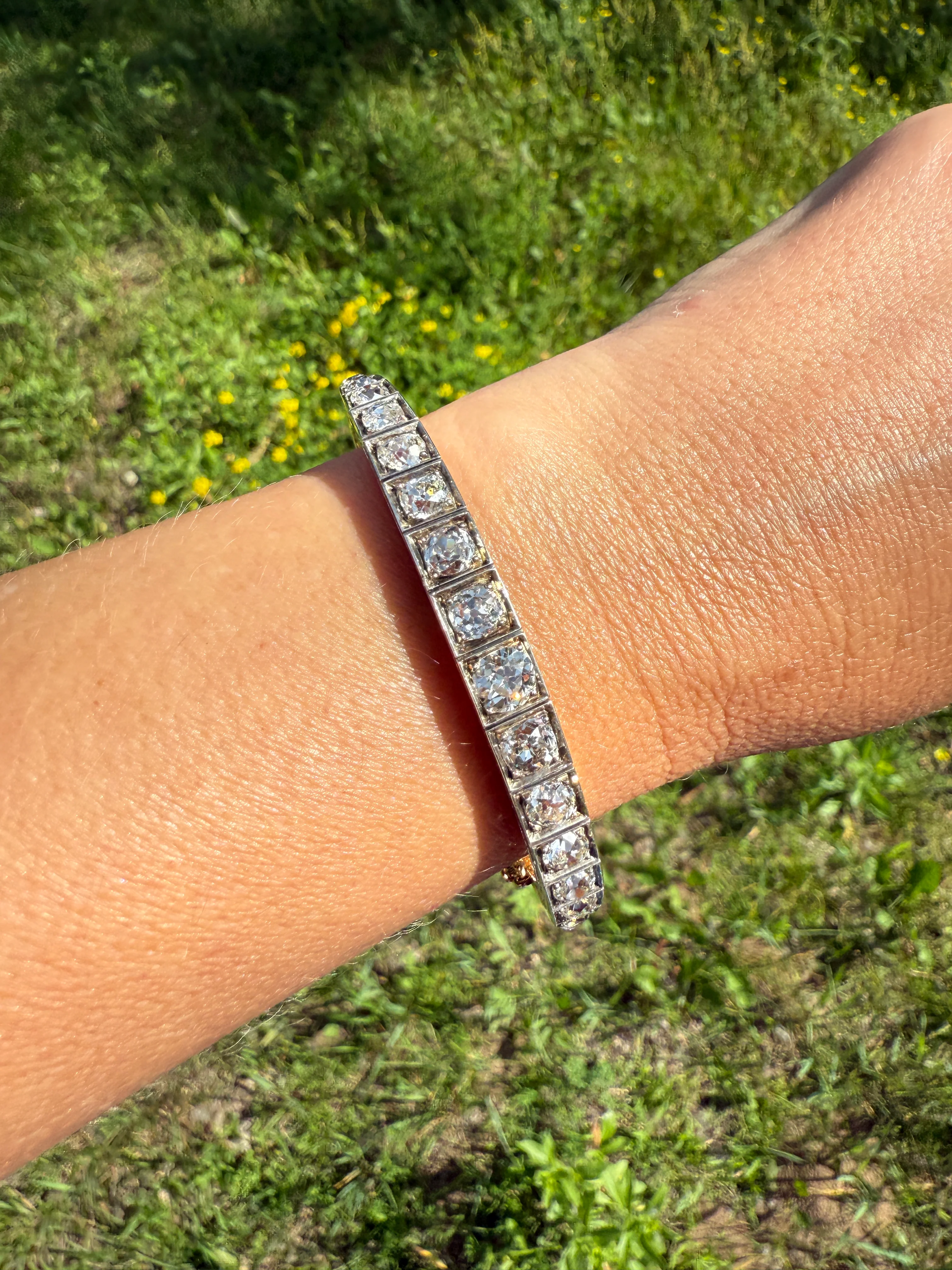 Antique 6.5 CARAT Old Mine Cut DIAMOND Hinged Bangle Line Bracelet 18k Gold Silver Top - Image 15