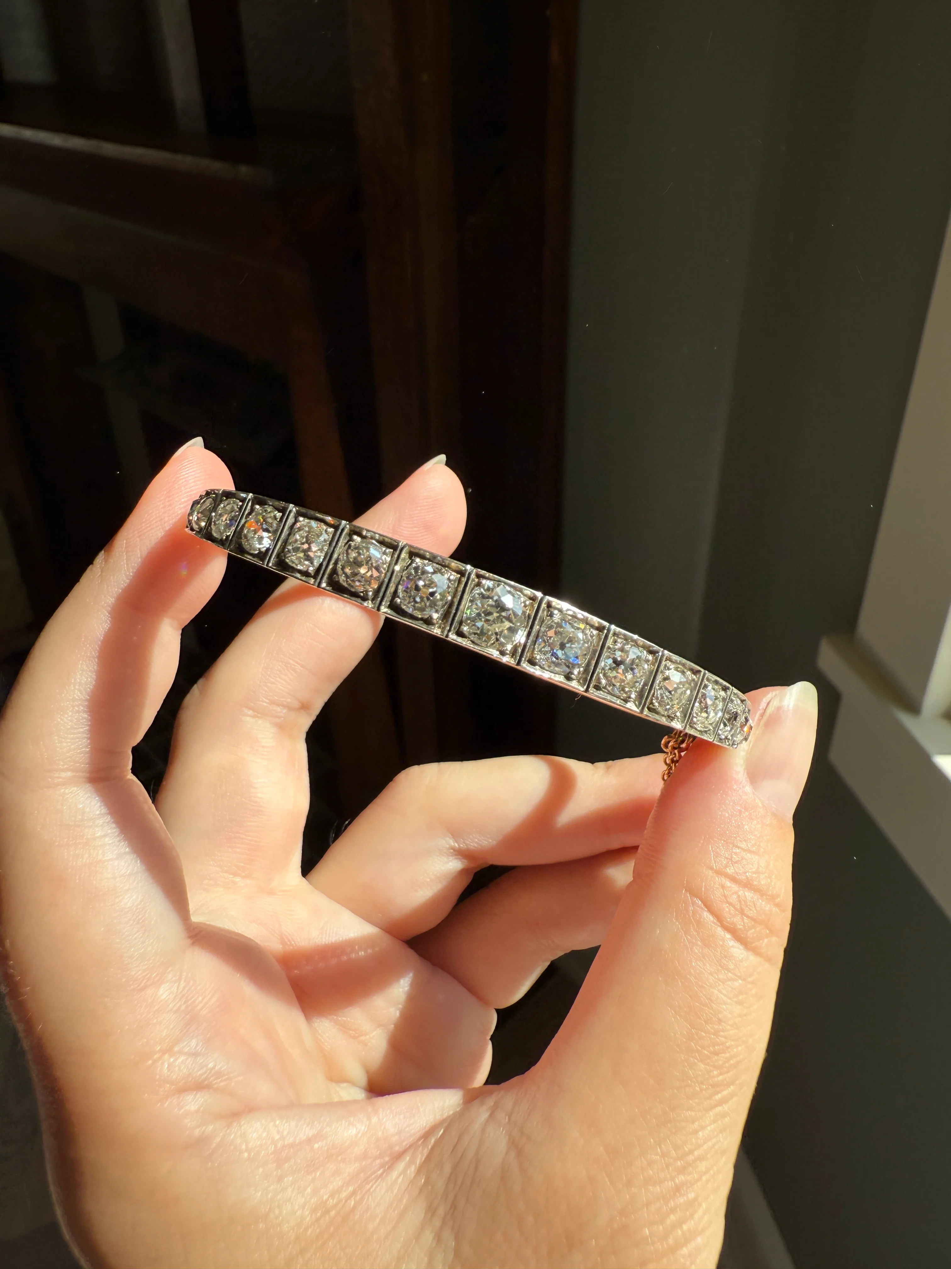 Antique 6.5 CARAT Old Mine Cut DIAMOND Hinged Bangle Line Bracelet 18k Gold Silver Top - Image 16