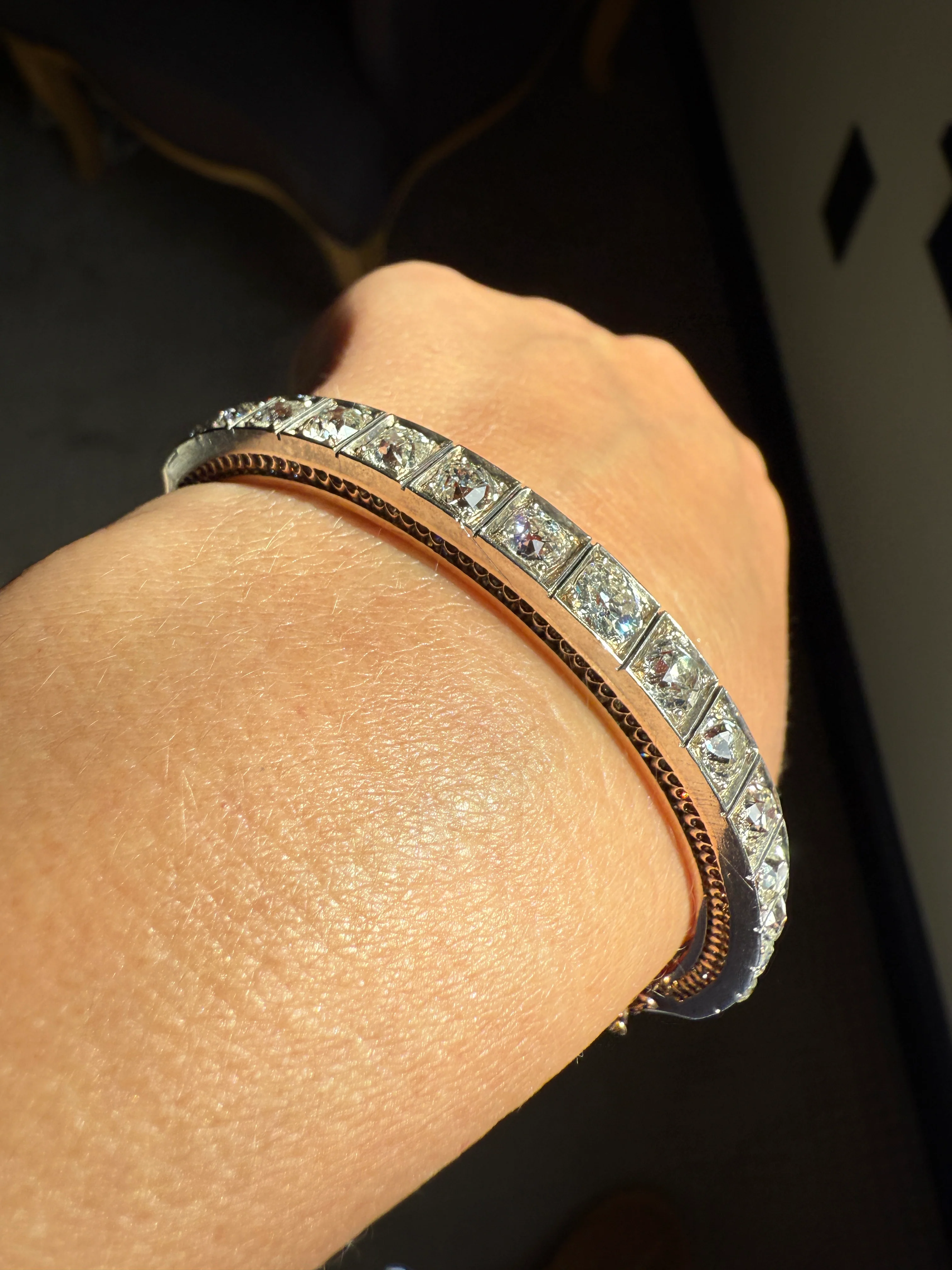 Antique 6.5 CARAT Old Mine Cut DIAMOND Hinged Bangle Line Bracelet 18k Gold Silver Top - Image 17