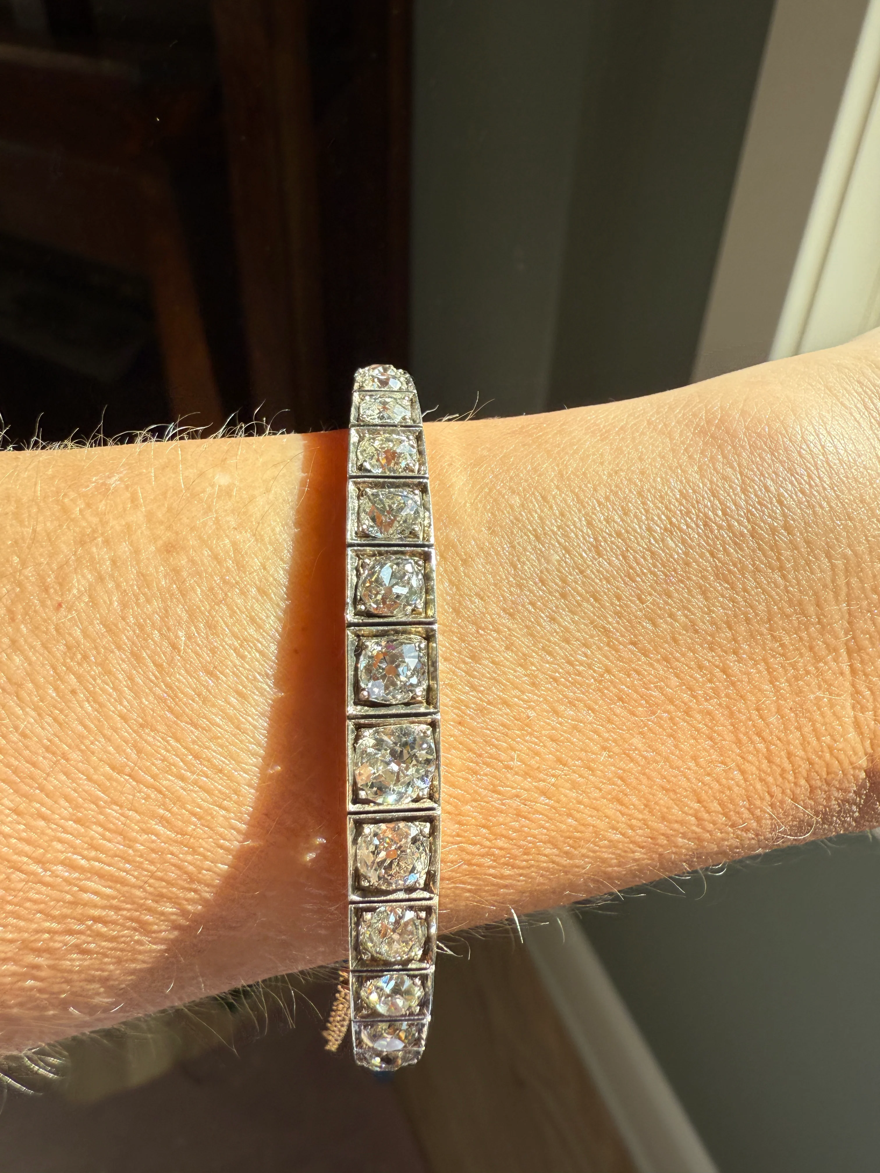 Antique 6.5 CARAT Old Mine Cut DIAMOND Hinged Bangle Line Bracelet 18k Gold Silver Top - Image 18