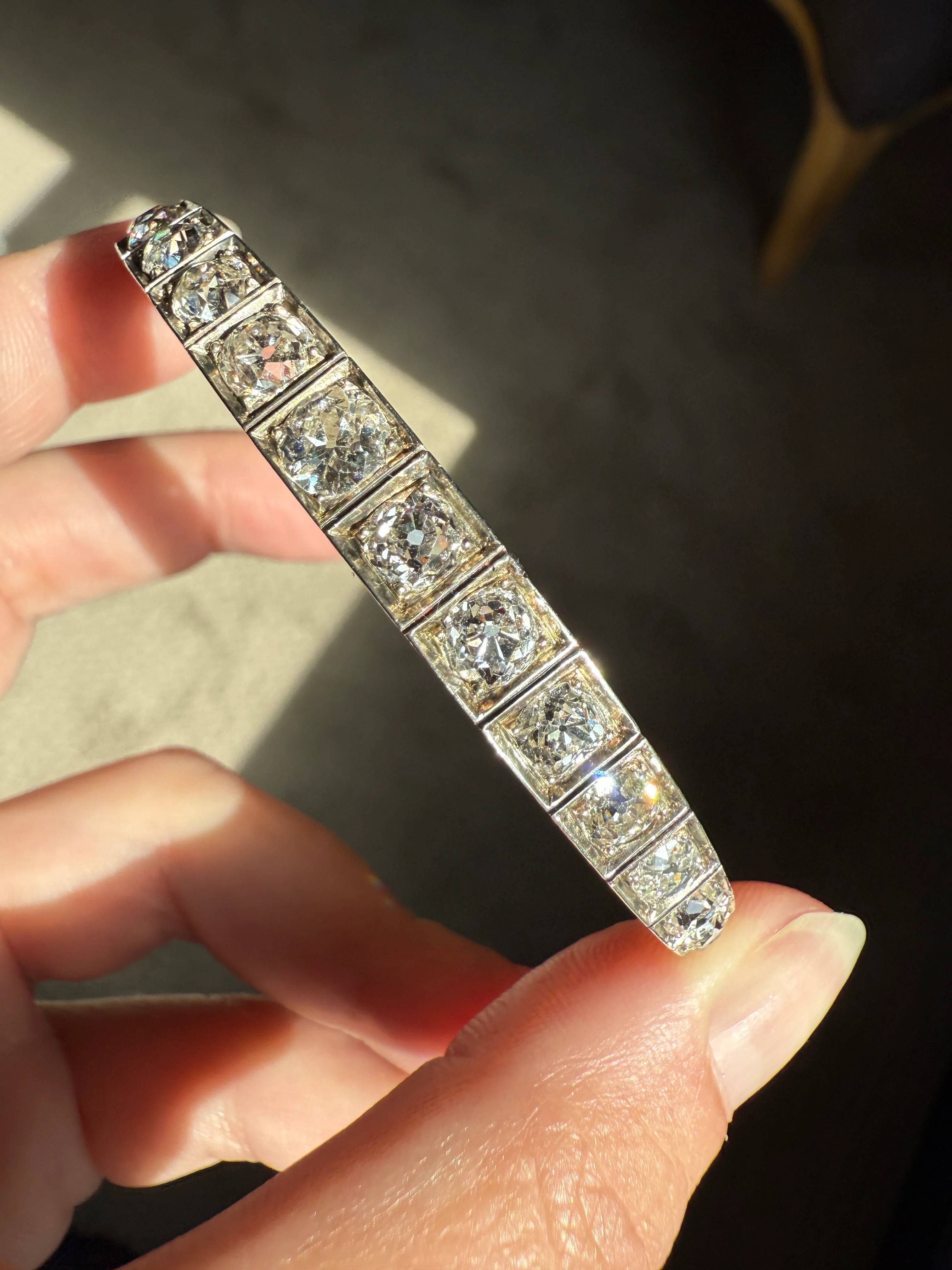 Antique 6.5 CARAT Old Mine Cut DIAMOND Hinged Bangle Line Bracelet 18k Gold Silver Top - Image 19