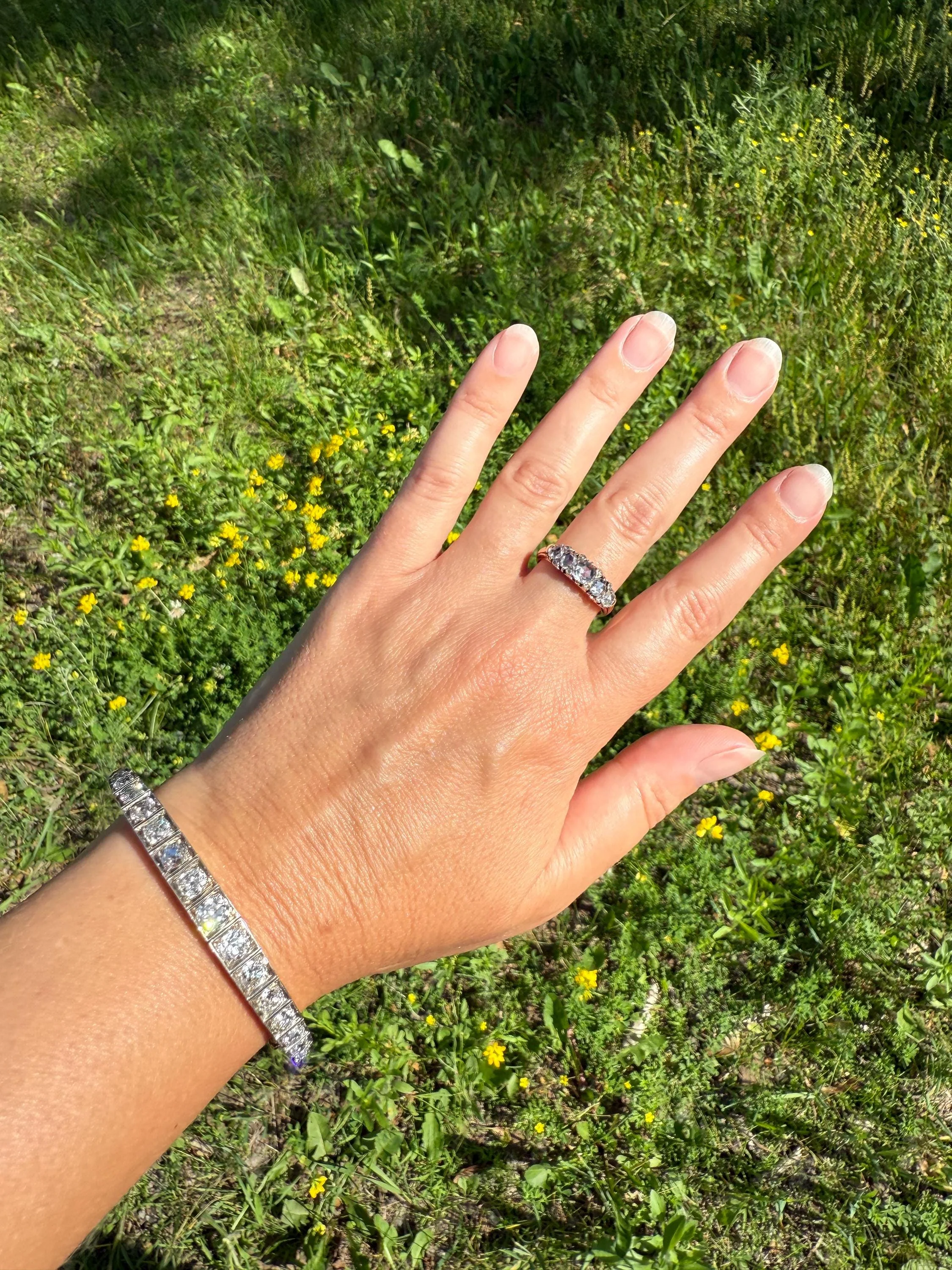 Antique 6.5 CARAT Old Mine Cut DIAMOND Hinged Bangle Line Bracelet 18k Gold Silver Top - Image 2