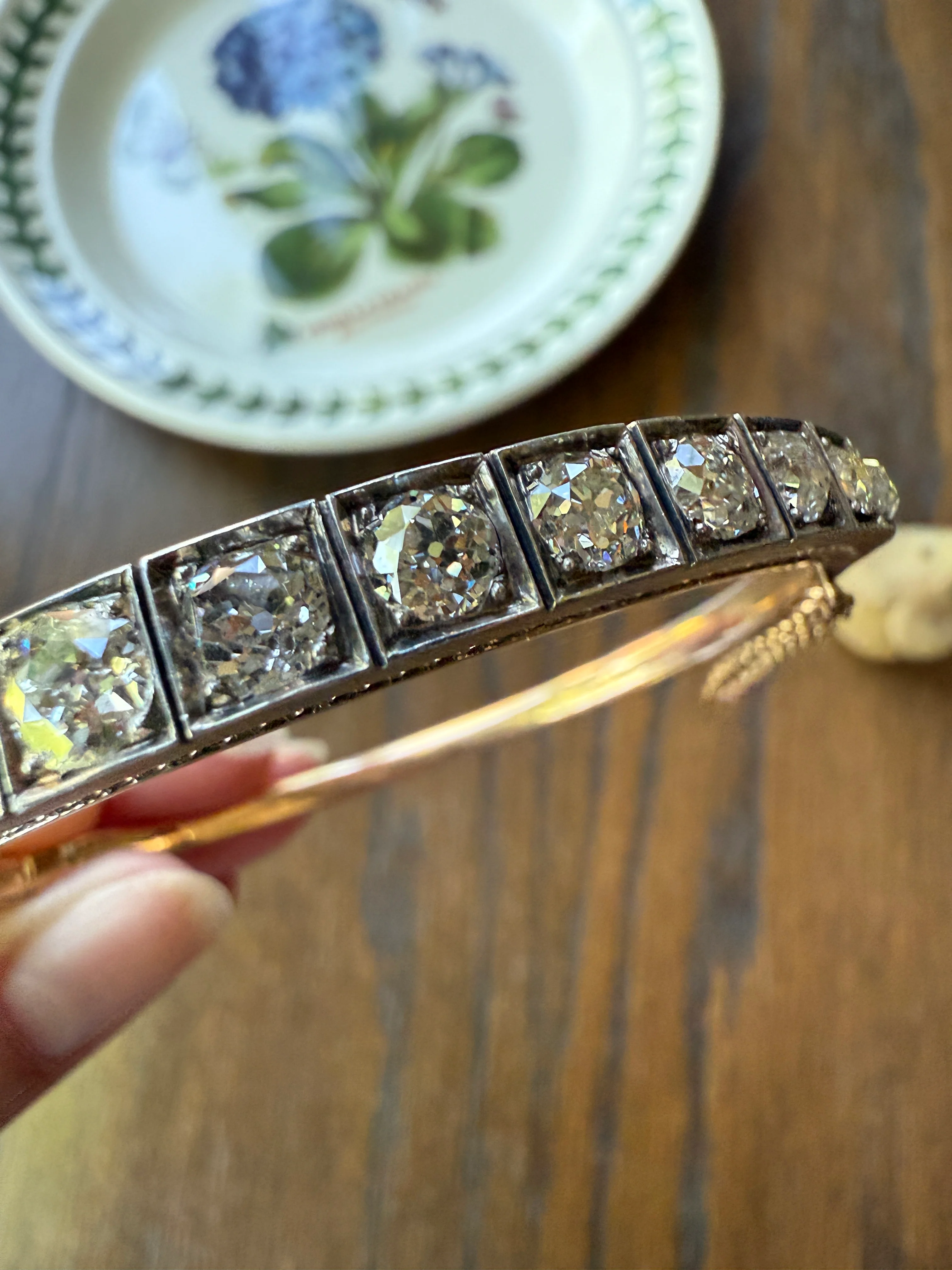 Antique 6.5 CARAT Old Mine Cut DIAMOND Hinged Bangle Line Bracelet 18k Gold Silver Top - Image 20