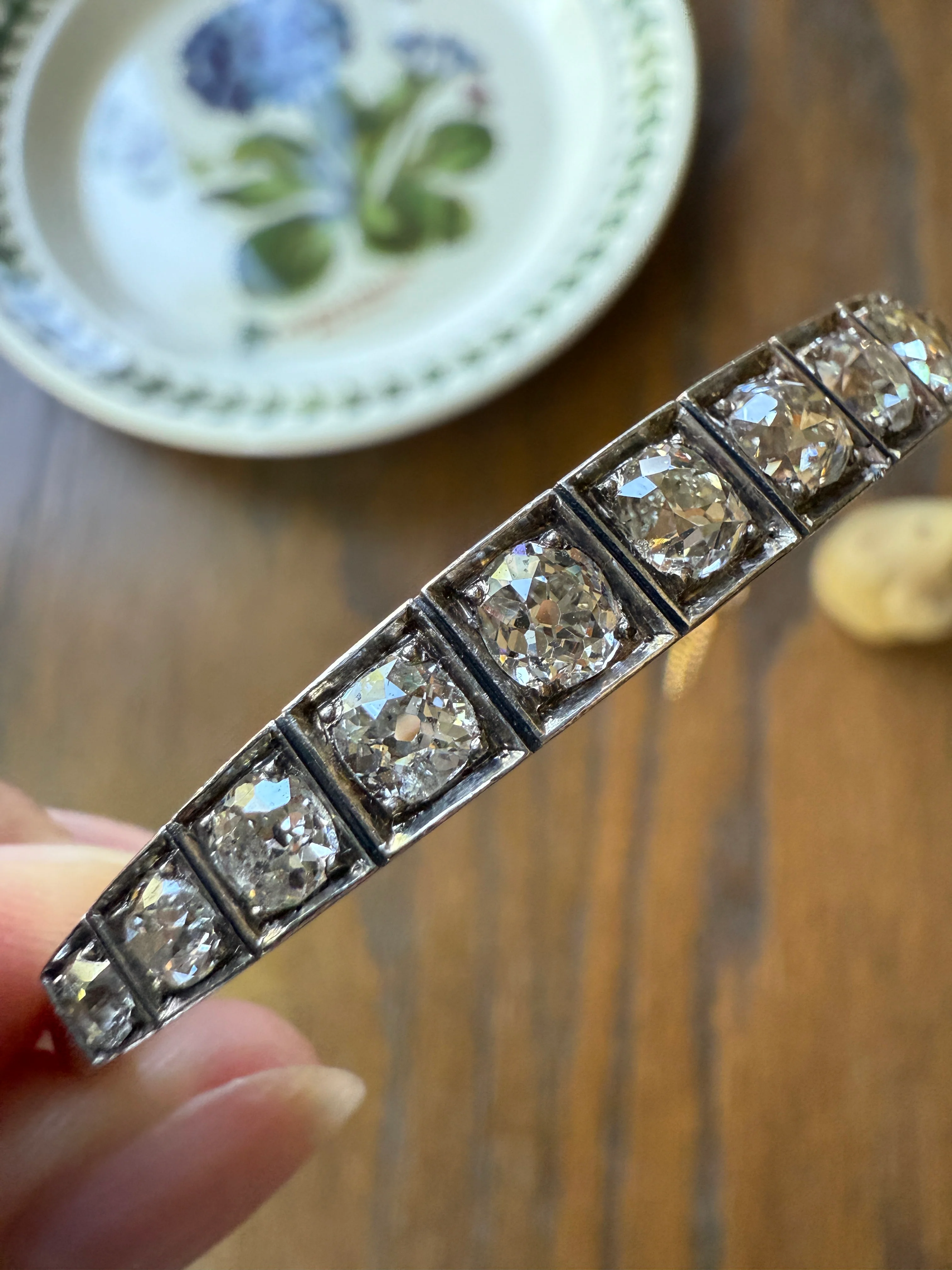 Antique 6.5 CARAT Old Mine Cut DIAMOND Hinged Bangle Line Bracelet 18k Gold Silver Top - Image 21