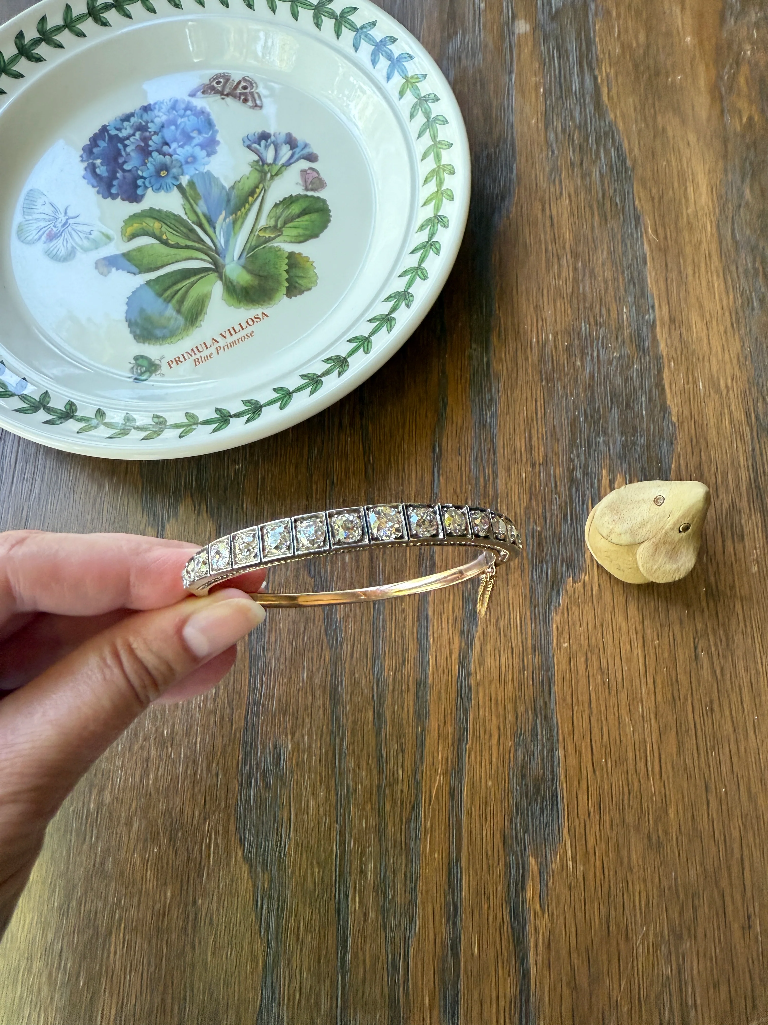 Antique 6.5 CARAT Old Mine Cut DIAMOND Hinged Bangle Line Bracelet 18k Gold Silver Top - Image 22