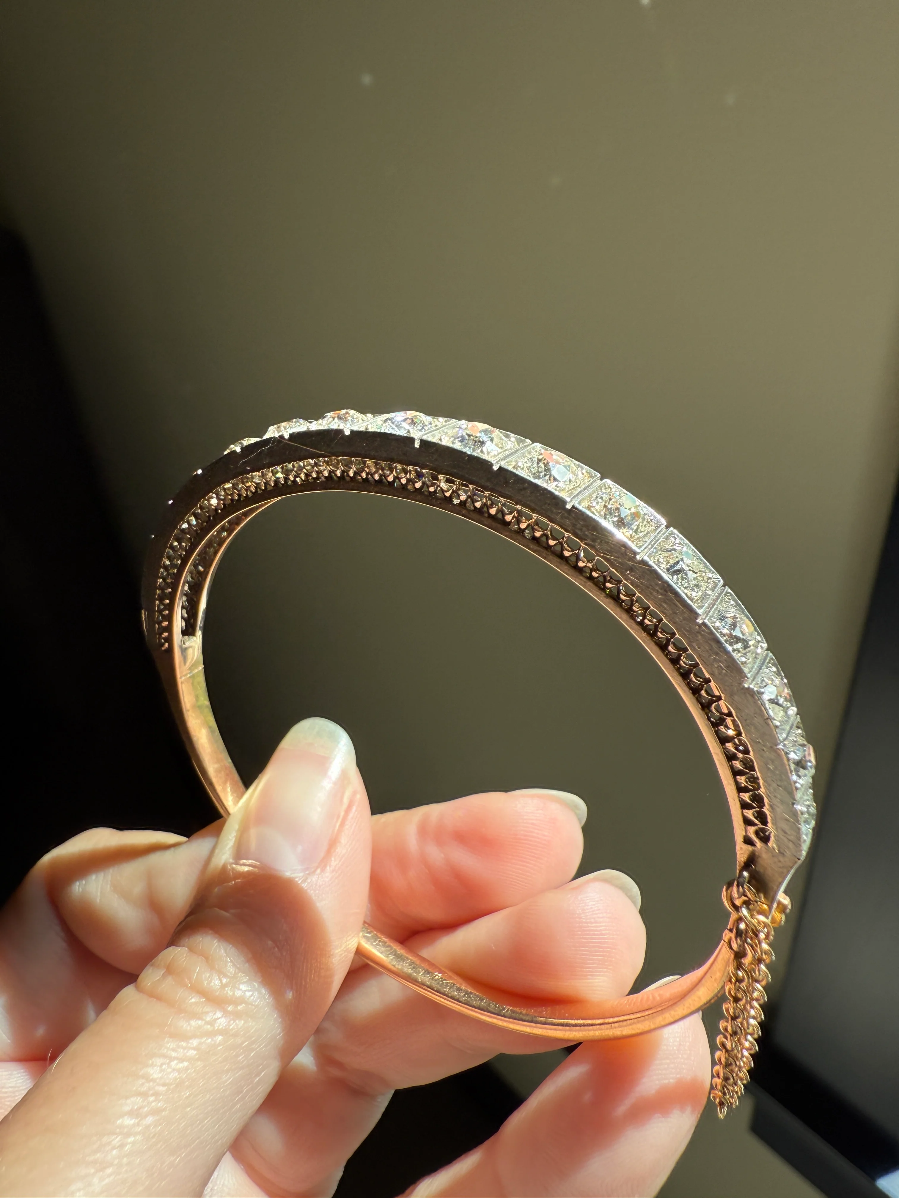 Antique 6.5 CARAT Old Mine Cut DIAMOND Hinged Bangle Line Bracelet 18k Gold Silver Top - Image 23