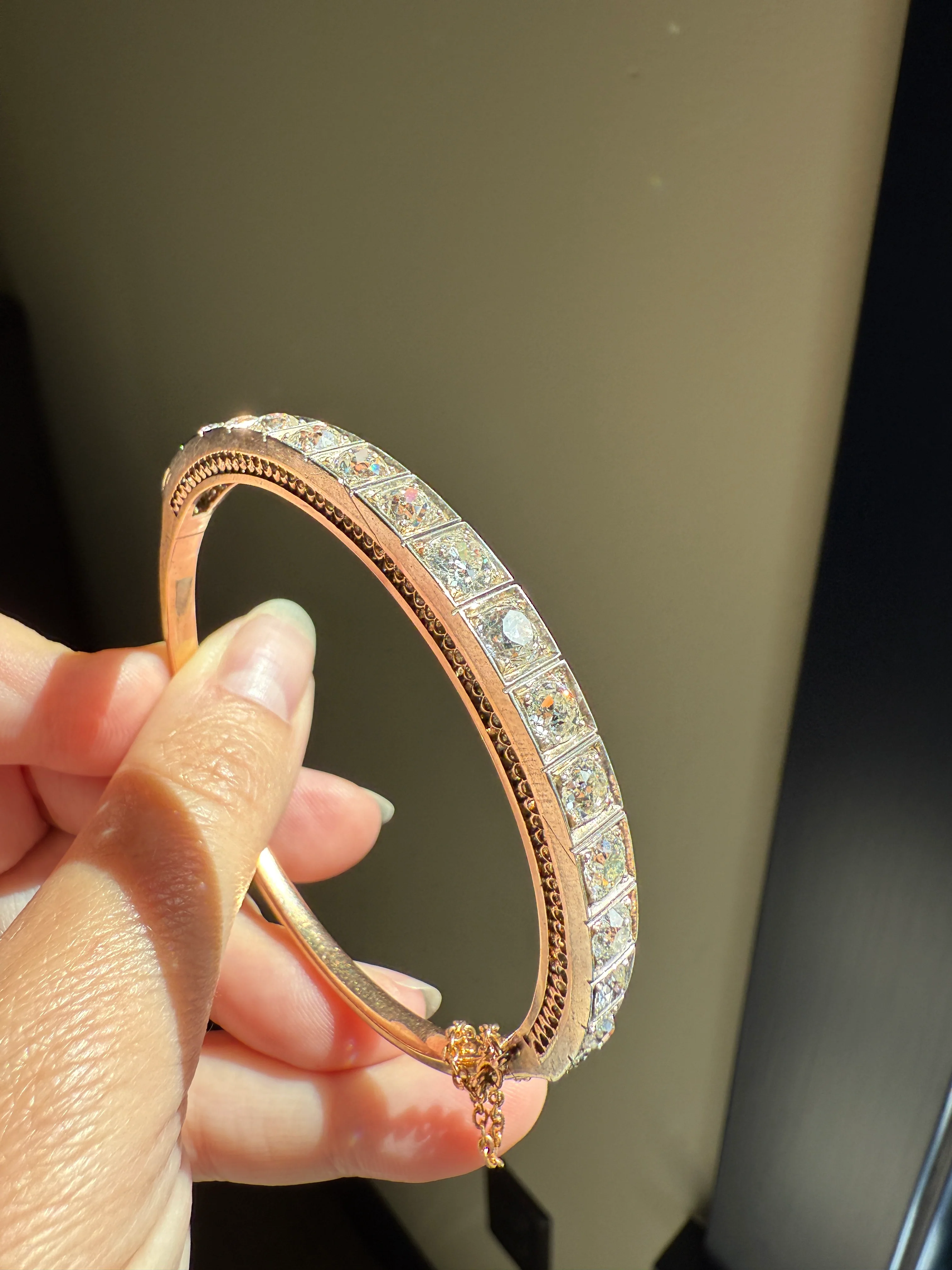 Antique 6.5 CARAT Old Mine Cut DIAMOND Hinged Bangle Line Bracelet 18k Gold Silver Top - Image 24