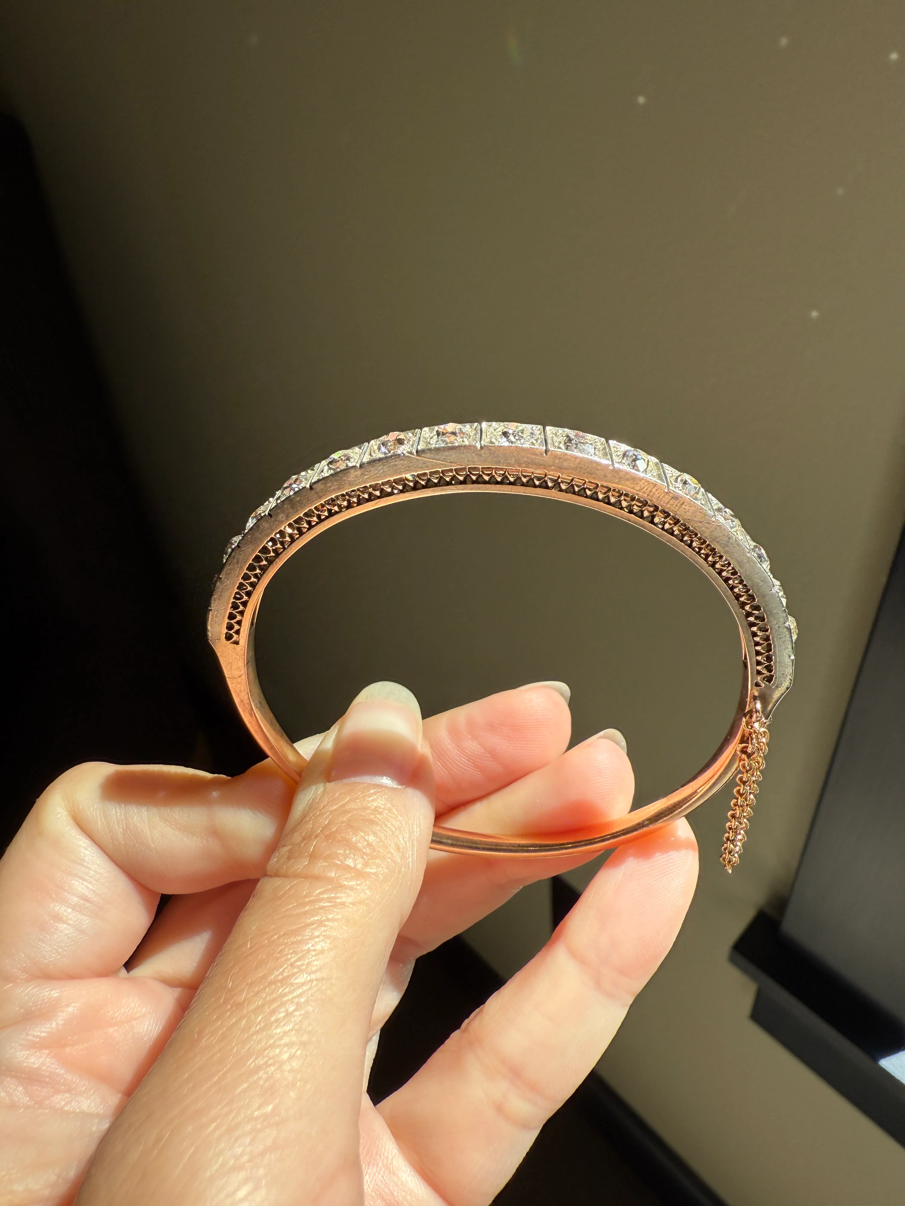 Antique 6.5 CARAT Old Mine Cut DIAMOND Hinged Bangle Line Bracelet 18k Gold Silver Top - Image 25