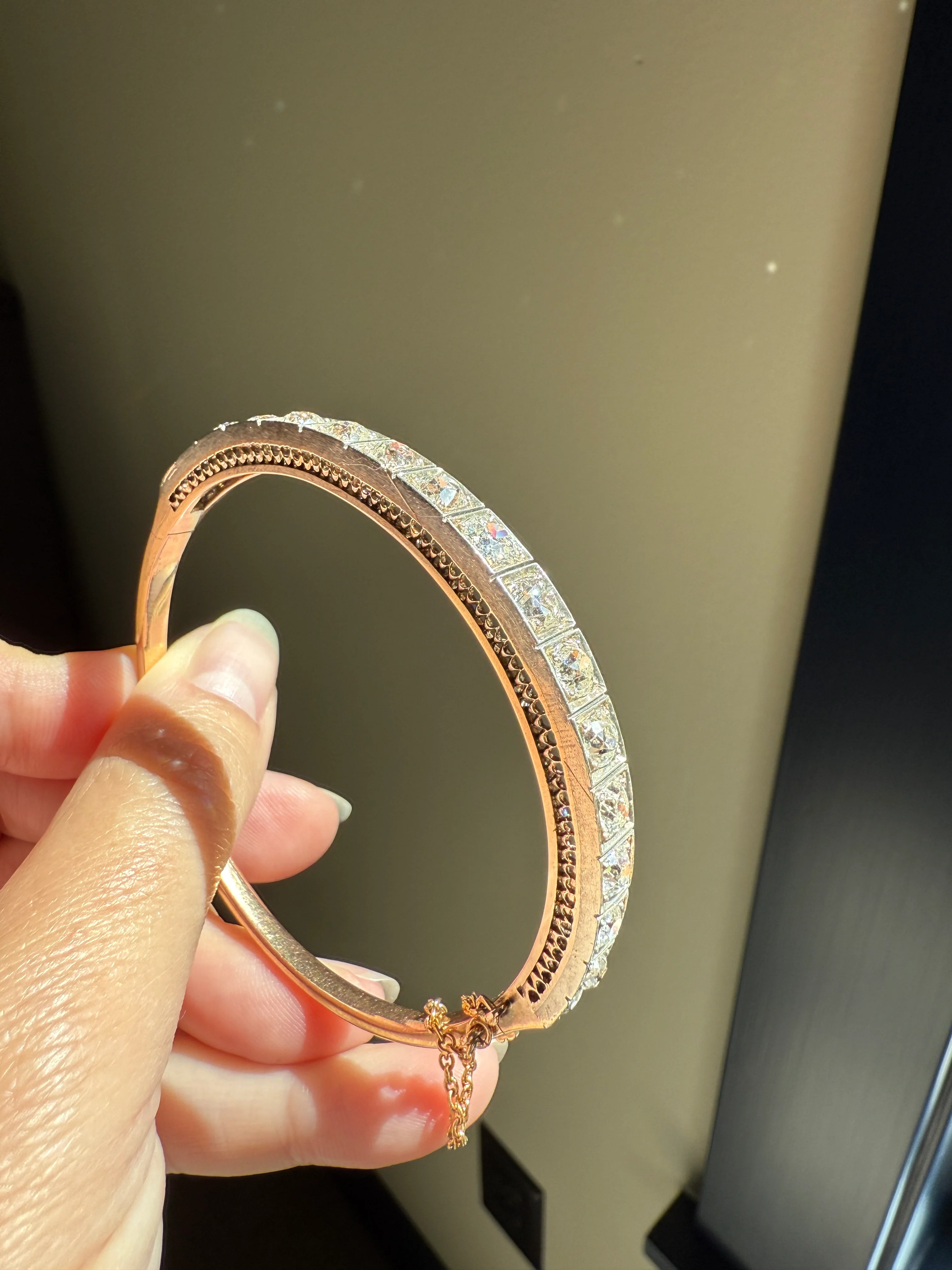 Antique 6.5 CARAT Old Mine Cut DIAMOND Hinged Bangle Line Bracelet 18k Gold Silver Top - Image 26